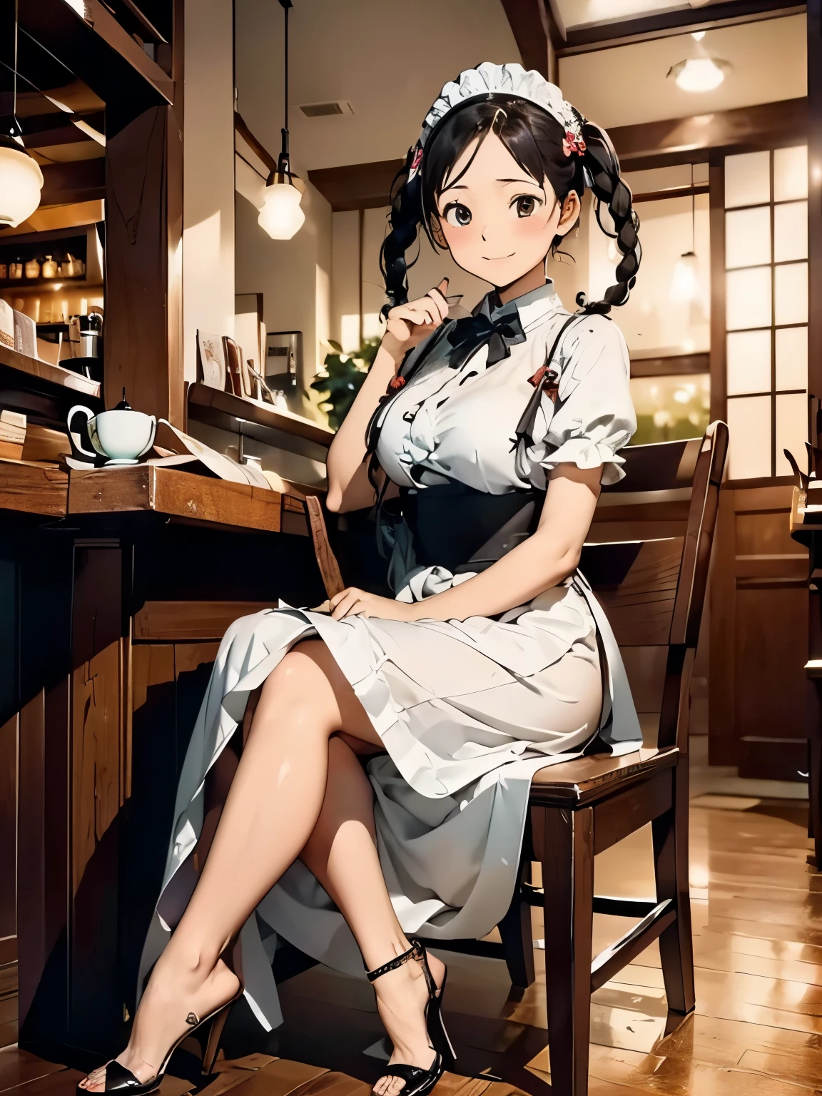 (masterpiece、highest quality、highest quality、Official Art、Beautiful and beautiful:1.2)、(One girl:1.3)Hatsune Miku、Twin tails,Big Breasts,Fluffy hair,Brown Hair,(下向きTwin tails),((Braided Short Hair)),Slight red tide,((Brown eyes)),(A coffee shop with a Showa retro atmosphere),((Siphon or coffee cup)),(A counter with a warm and modern atmosphere),((Meiji period～Showa era waitress)),(Maid clothes),(White headdress),((sitting in a chair reading a book)),Look at me,(Stiletto Heel Shoes),Smiling with a gentle face,((close)),(((close of face))),