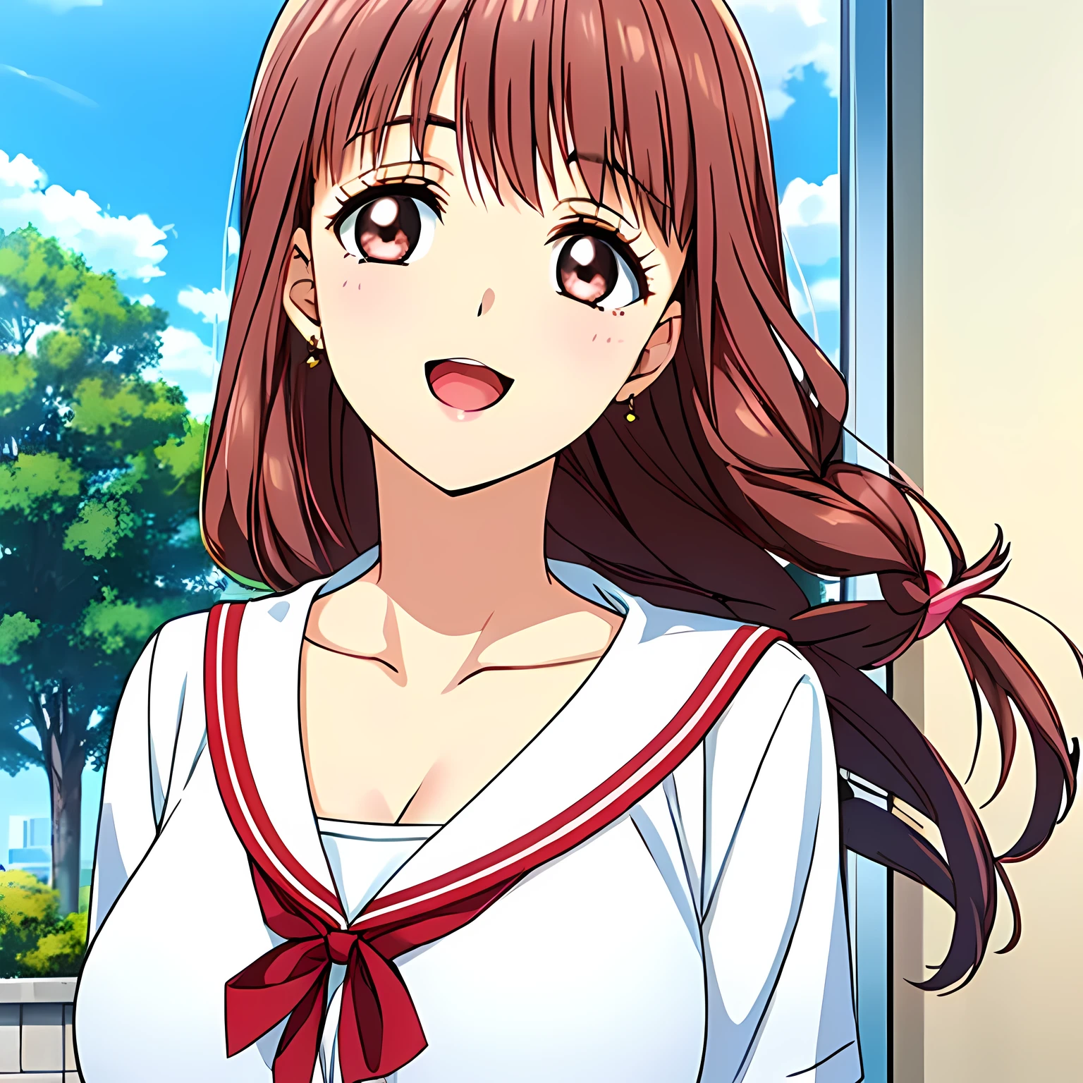 highest quality, (masterpiece:1.2), Very detailed, ((((Game CG)))), ((((A portrait of a very noble and elegant 20-year-old young lady wearing her school sailor uniform, seen from behind.)))), ((The girl everyone loves)), (((Very beautiful, flaxen, wavy, long hair))), (((((A neat and tidy sailor suit in peach and pink))))), ((((A neat, deep pink long pleated skirt)))), ((Her eyes are so beautiful and sparkling, they seem so dazzling.)), ((A huge red ribbon on her chest)), ((A refined and elegant look like a noble princess)), (((Beautiful and great smile))),  ((Give the viewer a heavenly feeling of happiness)), ((Very noble and elegant face)), ((Slender and shapely breasts)), ((laughing at me)), Heart-shaped gold hair ornament and earrings, ((The elegant, slightly open mouth and glossy lips of an anime heroine))