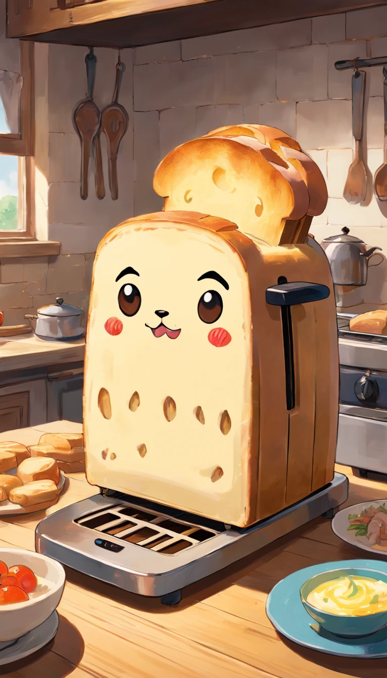 (masterpiece, highest quality, Super detailed, 8k wallpaper, Realistic), Concept Art, anthropomorphic bread toaster, a monstrous device, Whimsical, blackmail in the kitchen, Manga style, Vibrant