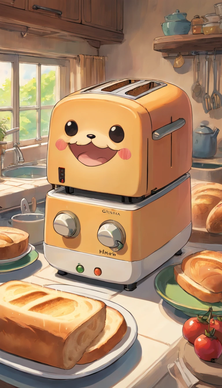 (masterpiece, highest quality, Super detailed, 8k wallpaper, Realistic), Concept Art, anthropomorphic bread toaster, a monstrous device, Whimsical, blackmail in the kitchen, Manga style, Vibrant