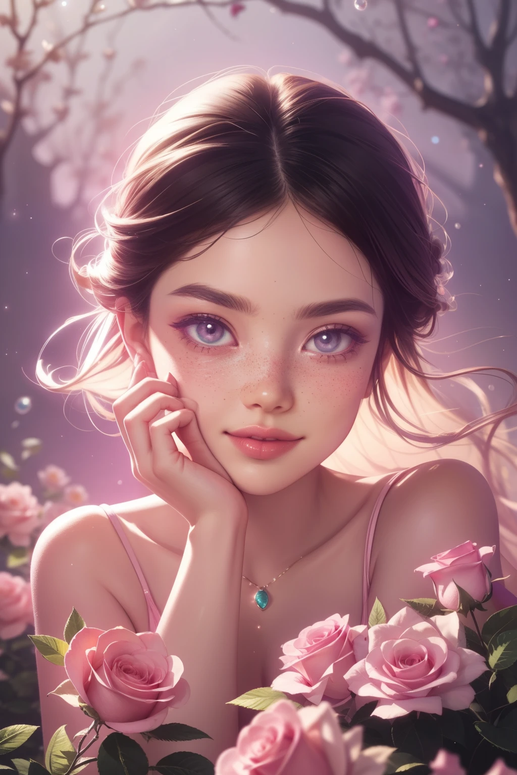 (This is a beautiful, intricate, elegant fantasy image that emphasizes beauty and grace.) Generate a blind curvy woman with milky eyes and soft natural freckles. Her face is important and should be (perfectly formed) with (beautiful puffy lips) and (perfect features). There is a cute freckle birthmark on her lip. The image exudes ethereal beauty and soft fantasy, with shimmering shades of pink throughout. Surround her with eternal roses in shimmering shades. Ensure perfection in her face, hair, and eyes. Include sweet and detailed birds and soft, luminous flowers and detailed roses. Utilize dynamic composition and dramatic lighting and cinematic lighting to create an interesting fantasy image. The background of the image is interesting and ultra-detailed, with soft fantasy lighting and gradients. Include fantasy details, cute aura, colorful, colourful, and interesting magical background. The image's background is decorated in shades of pink, shimmer, glitter, and fantasy details like colored bubbles and cosmos. Include subtle freckles, natural freckles and a diffused realistic skin tone. Incorporate elements of high fantasy, whimsy, and detailed elegance. English rose, princess, courtesan, noblewoman, sweet, lovely, calm, lovely, shimmering, glimmering, glittering, astrological fantasy, (((masterpiece))), (highest quality), magic rose, fantasy garden, beautiful face, perfect face, puffy lips, interesting, shy smile, fantasy elements, magic rose, beautiful eyes, perfect puffy lips, jewel tones, luminosity. Taken with a canon camera.
