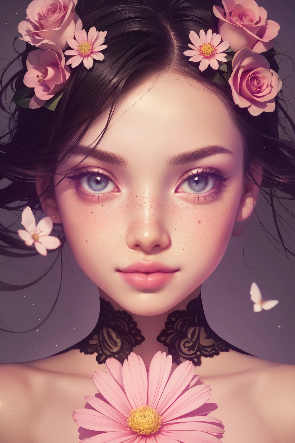 (This is a beautiful, intricate, elegant fantasy image that emphasizes beauty and grace.) Generate a blind curvy woman with milky eyes and soft natural freckles. Her face is important and should be (perfectly formed) with (beautiful puffy lips) and (perfect features). There is a cute freckle birthmark on her lip. The image exudes ethereal beauty and soft fantasy, with shimmering shades of pink throughout. Surround her with eternal roses in shimmering shades. Ensure perfection in her face, hair, and eyes. Include sweet and detailed birds and soft, luminous flowers and detailed roses. Utilize dynamic composition and dramatic lighting and cinematic lighting to create an interesting fantasy image. The background of the image is interesting and ultra-detailed, with soft fantasy lighting and gradients. Include fantasy details, cute aura, colorful, colourful, and interesting magical background. The image's background is decorated in shades of pink, shimmer, glitter, and fantasy details like colored bubbles and cosmos. Include subtle freckles, natural freckles and a diffused realistic skin tone. Incorporate elements of high fantasy, whimsy, and detailed elegance. English rose, princess, courtesan, noblewoman, sweet, lovely, calm, lovely, shimmering, glimmering, glittering, astrological fantasy, (((masterpiece))), (highest quality), magic rose, fantasy garden, beautiful face, perfect face, puffy lips, interesting, shy smile, fantasy elements, magic rose, beautiful eyes, perfect puffy lips, jewel tones, luminosity. Taken with a canon camera.