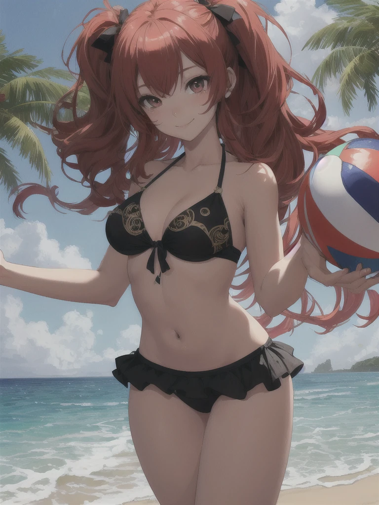 (((highest quality))), ((Super detailed)), (Very detailed), ((very delicate and beautiful)),(cute delicate face), ((masterpiece)), perfect sexy anatomy, Complex, (very detailed), masterpiece, anime style, (A short, yandere,cute girl),(black ornate bikini :1.3), ((beach)) ,(Full body),( beach ball in hand),red hair,(medium cut hair),(dynamic pose), looking at the viewer,smile face, double eyelid,delicate skin,small breasts