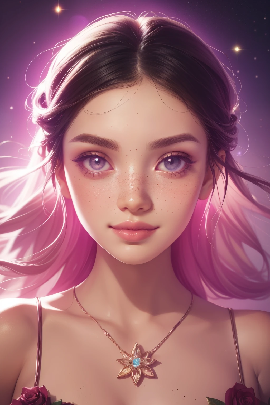 (This is a beautiful, intricate, elegant fantasy image that emphasizes beauty and grace.) Generate a blind curvy woman with milky eyes and soft natural freckles. Her face is important and should be (perfectly formed) with (beautiful puffy lips) and (perfect features). There is a cute freckle birthmark on her lip. The image exudes ethereal beauty and soft fantasy, with shimmering shades of pink throughout. Surround her with eternal roses in shimmering shades. Ensure perfection in her face, hair, and eyes. Include sweet and detailed birds and soft, luminous flowers and detailed roses. Utilize dynamic composition and dramatic lighting and cinematic lighting to create an interesting fantasy image. The background of the image is interesting and ultra-detailed, with soft fantasy lighting and gradients. Include fantasy details, cute aura, colorful, colourful, and interesting magical background. The image's background is decorated in shades of pink, shimmer, glitter, and fantasy details like colored bubbles and cosmos. Include subtle freckles, natural freckles and a diffused realistic skin tone. Incorporate elements of high fantasy, whimsy, and detailed elegance. English rose, princess, courtesan, noblewoman, sweet, lovely, calm, lovely, shimmering, glimmering, glittering, astrological fantasy, (((masterpiece))), (highest quality), magic rose, fantasy garden, beautiful face, perfect face, puffy lips, interesting, shy smile, fantasy elements, magic rose, beautiful eyes, perfect puffy lips, jewel tones, luminosity. Taken with a canon camera.