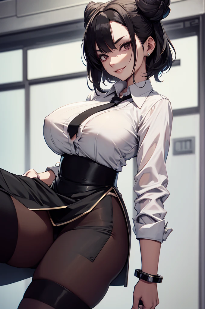 juri han, work of art, tight white secretary shirt with black tie, black high waist skirt, short skirt, short hair, black hair, black tights,evil smile
