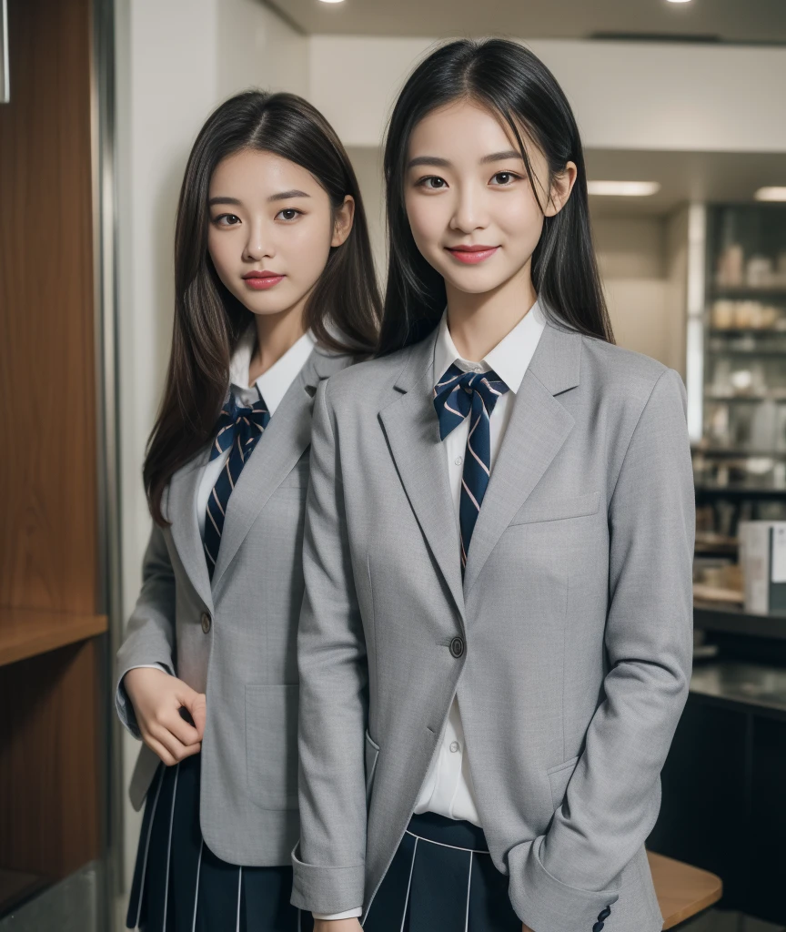((highest quality, 8k, masterpiece: 1.3)), beautiful, In addition, melon face, Friendly and cute, Cute smile, Pure Desire, Slender body, (whole body), (Tilt your head), ((looking at the camera)), White Dress, Medium black silky straight hair, Long, flowing shoulders, Big, round, black eyes, Clear, big eyes, Moist red lips, Cafe shop background, ((whole body撮影)), (Grey blazer, bow, socks, High School Uniform: 1.2)