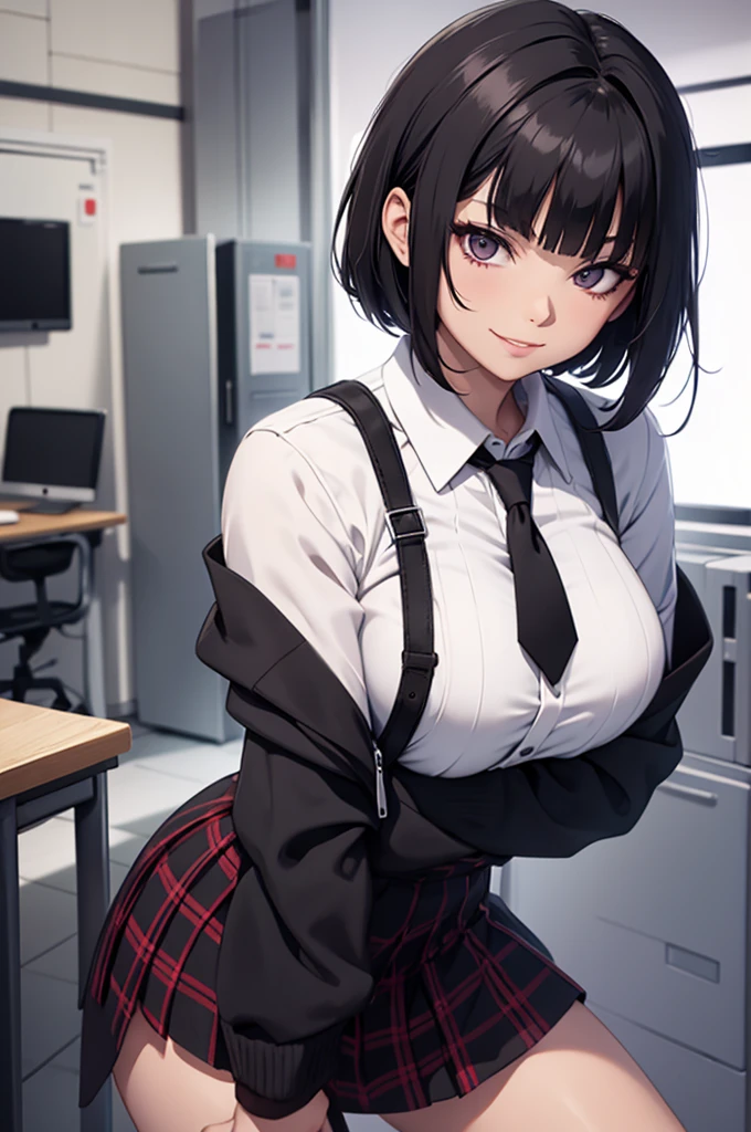 juri han, work of art, tight white secretary shirt with black tie, black high waist skirt, short skirt, short hair, black hair, black tights,evil smile