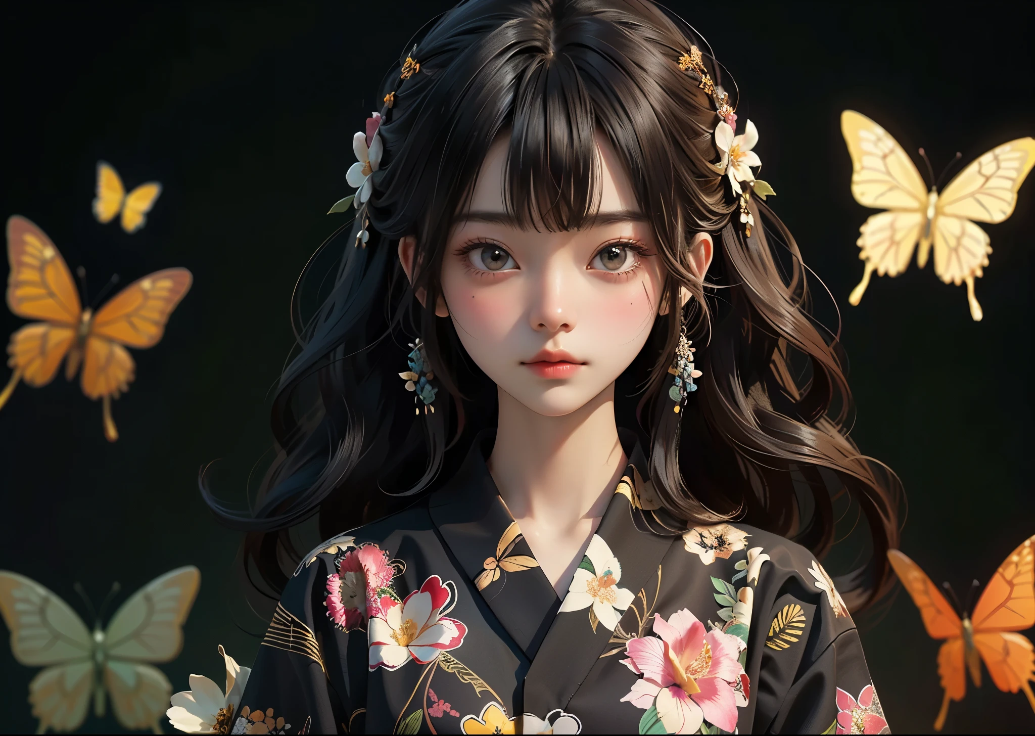 (masterpiece, highest quality, highest quality, Official Art, beautifully、aesthetic:1.2), (1 girl), Big Eyes、Long hair with bangs、Very detailed,(Fractal Art:1.3),Colorful Aloha Shirt、Most detailed, Background with fractals and details of assorted flowers and tropical butterflies、