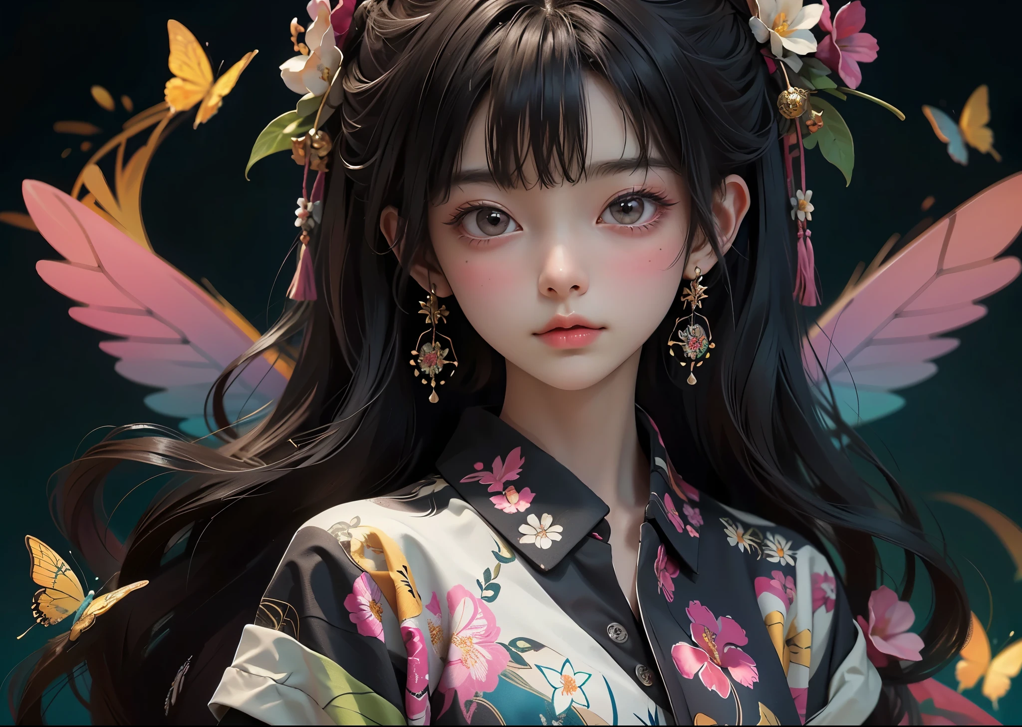 (masterpiece, highest quality, highest quality, Official Art, beautifully、aesthetic:1.2), (1 girl), Big Eyes、Long hair with bangs、Very detailed,(Fractal Art:1.3),Colorful Aloha Shirt、Most detailed, Background with fractals and details of assorted flowers and tropical butterflies、