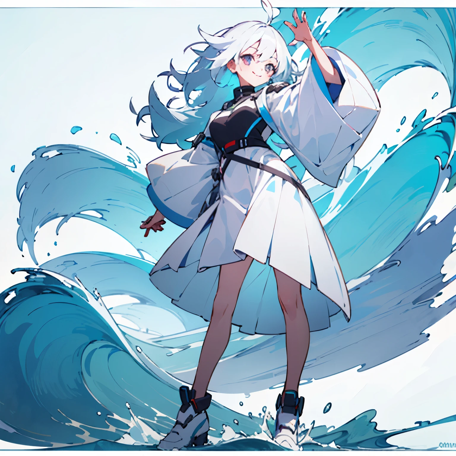 ((best quality)), ((masterpiece)), (detailed), girl,cute,White hair,Colored eyes,Wave,Smile,Pure white background,Full body portrait,Transparent Background,Modern clothing,The whole body is inside the picture,White border,Head-up