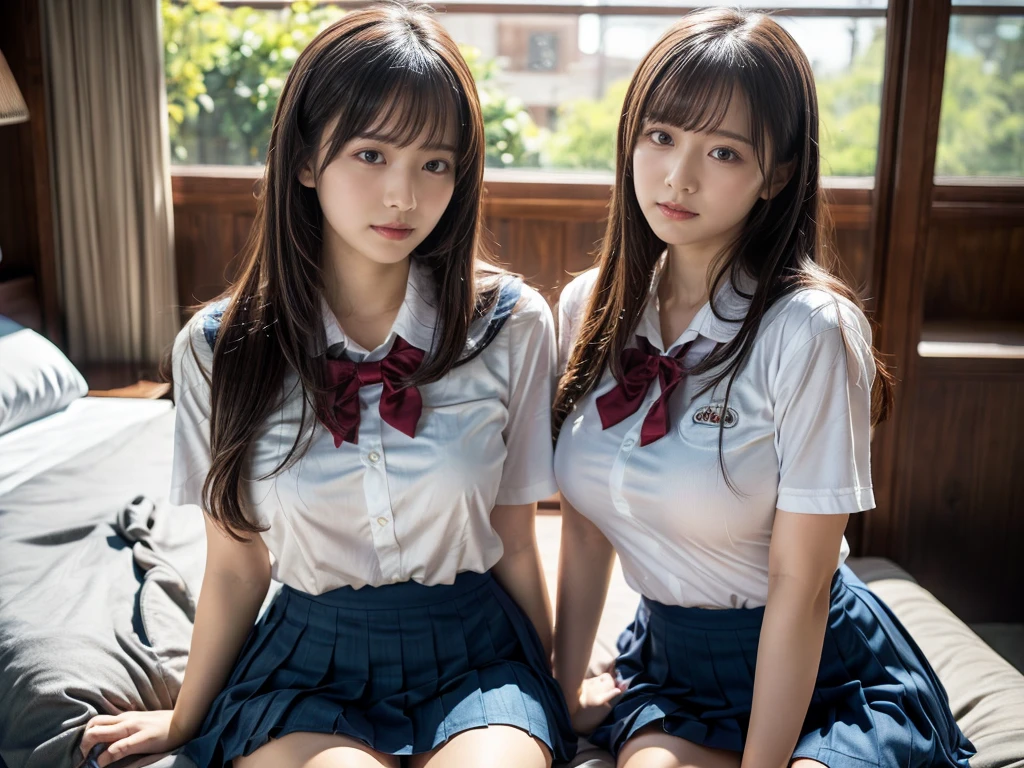 (RAW photo, 4k, masterpiece, high resolution, extremely complex) (realistic: 1.4), cinematic lighting
((2 girls, 2 schoolgirls)),Slam Dunk's,blushing,((innocent)),bright eyes,round eyes,blunt bangs,(straight hair:1.3),black hair,large breasts,wide hips,Summer Noon, ,Hot, (Best Quality), (Highres), (an Extremely Delicate and Beautiful),(Beautiful 8k face),(Brown eyes),short bob hair,( spectators),(gigantic breasts),(Play with each other,Touching each other's bodies,Touching the body),(Japanese high school uniform:1.3),blue skirt,(reality),bright lighting,(The background is a luxury hotel room)