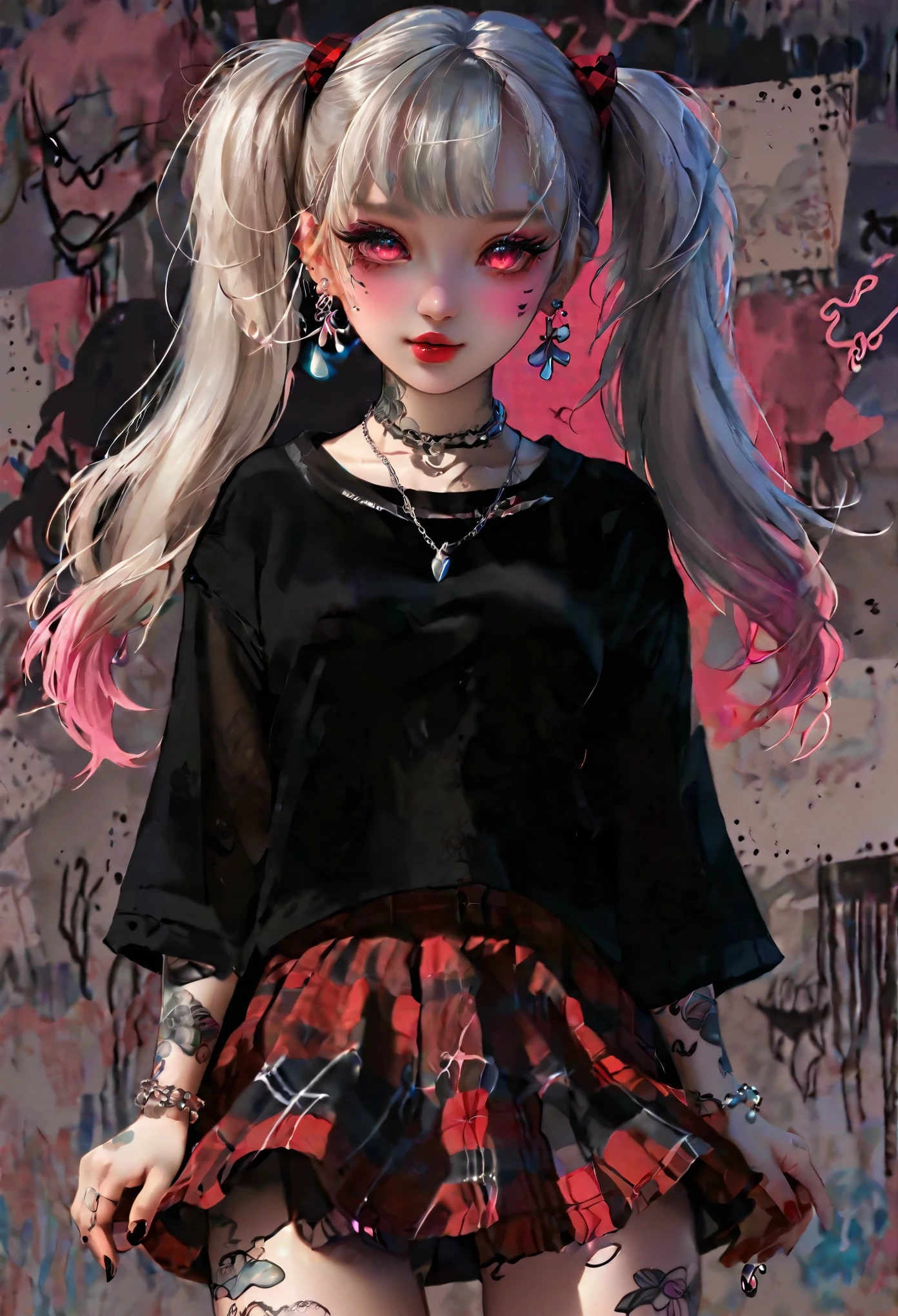 Art style anime woman with bleached hair and lipstick, One girl, alone, jewelry, skirt, Twin tails, Long Hair, Earrings, bangs, necklace, Simple Background, plaid skirt, View Viewer, Gray Hair, Long and pretty eyelashes, Bow your head, Emo clothes, dark pink theme, Portraiture, Dark atmosphere, Glowing Eyes, smile, Tattoo. 