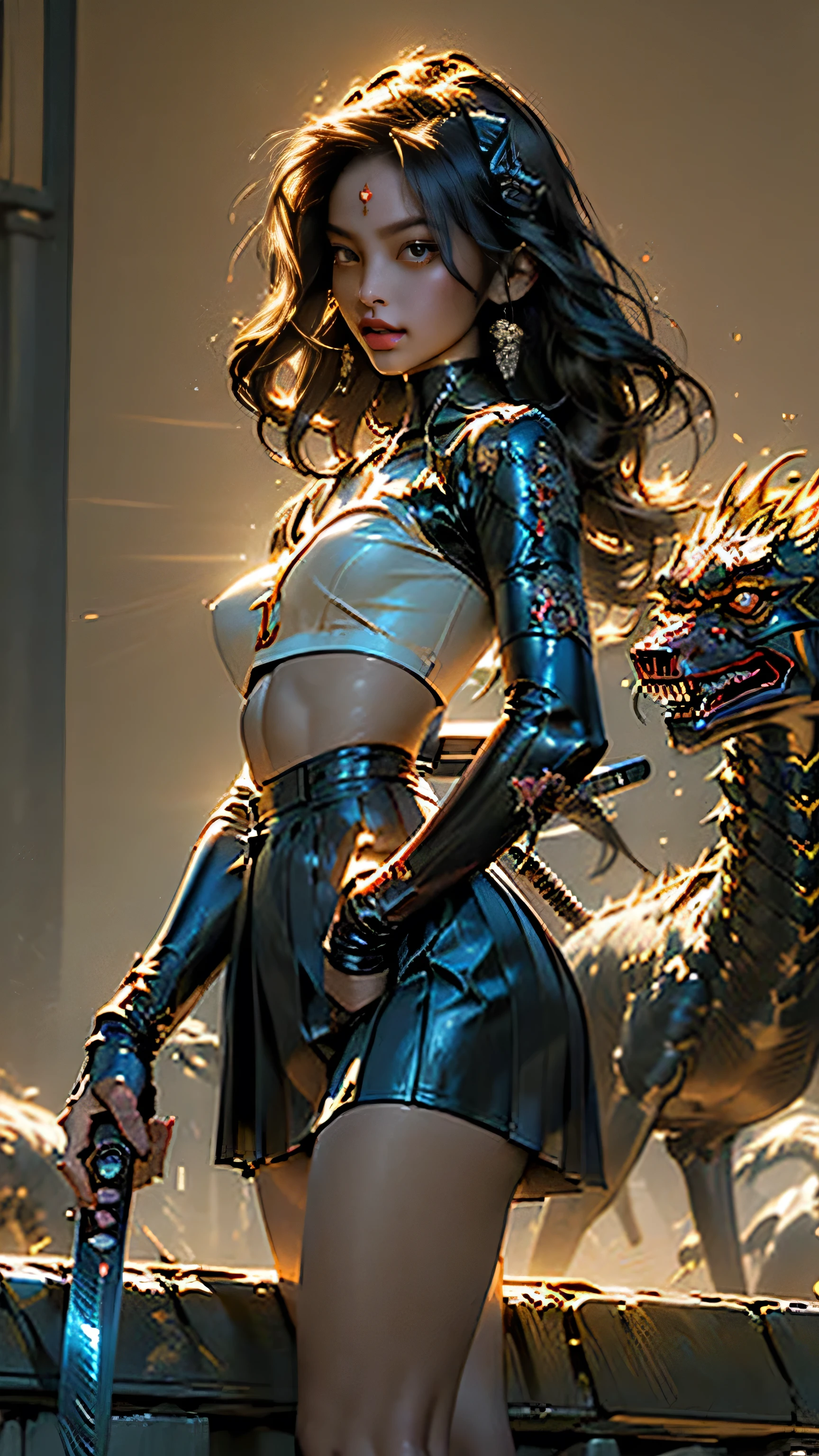 Masterpiece, Best quality, maximum detail, (Female Succubus:1.7), stunningly beautiful:1.46, perfect skin:1.5, professional fashion model looks:1.6, perfect eyes:1.5, focused eyes:1.39, fierce gaze:1.35, (expressive neon-red:1.4 eyes), crystalline, (lustrous blond:2 hair), super-detailed eyes:1.5, eye shine:1.53,(Victoria's Secret "Angels" perfect body):1.35, perfect legs:1.5, top quality thighs:1.32, thighs, thigh gap:1.31, flawless calves:1.42, perfect breasts:1.5, medium-large breasts:1.5, perfect cleavage:1.49, (low cut top:1.61), sweaty skin:1.36, (glistening skin:1.4, skin shine:1.33), (textured skin), (long voluminous hair:1.4), highly detailed hair:1.3, (distressed leather pleated skirt:1.4), (distressed leather crop top:1.4), (gripping her intricate, (maximum-detailed katana):2, reflective steel kitana with light effects:1.44, (in a Kenjutsu stance):1.3, (burning vibrant blades of light power encircling her), (spiraling vortex of bright red God Rays:1.33), there is a (black dragon with polished metal scales), in the background:1.3), (it's fearsome head rearing back to strike), (((perfect lighting))) (background art style similar to James Jean), (stylized after the works of Yoji Shinkawa:1.45 and Ashley wood:1.41), ArtStation Challenge Winner, Venice Biennale's Golden Lion Winner, medium shot, (low angle POV:1.5), (POV full body shot:1.4), uplight lighting, golden hour, Octane render, masterpiece, Ultra fine details, 8k, 16k, UHD, Monte Carlo Ray Tracing, brandishing 2 katanas, super detailed katanas, fighting with katanas, holding the katanas, (in a defensive stance with two katanas, (holding 2 katana swords up and ready:1.52), low angle, wide angle lens, key backlight, in (dynamic poses:1.5), natural beauty, (anatomically correct), (anatomical perfection), (anatomically well-proportioned:1.34) and (anatomically symmetrical):1.43, repeat positive prompts, repeat negative prompts