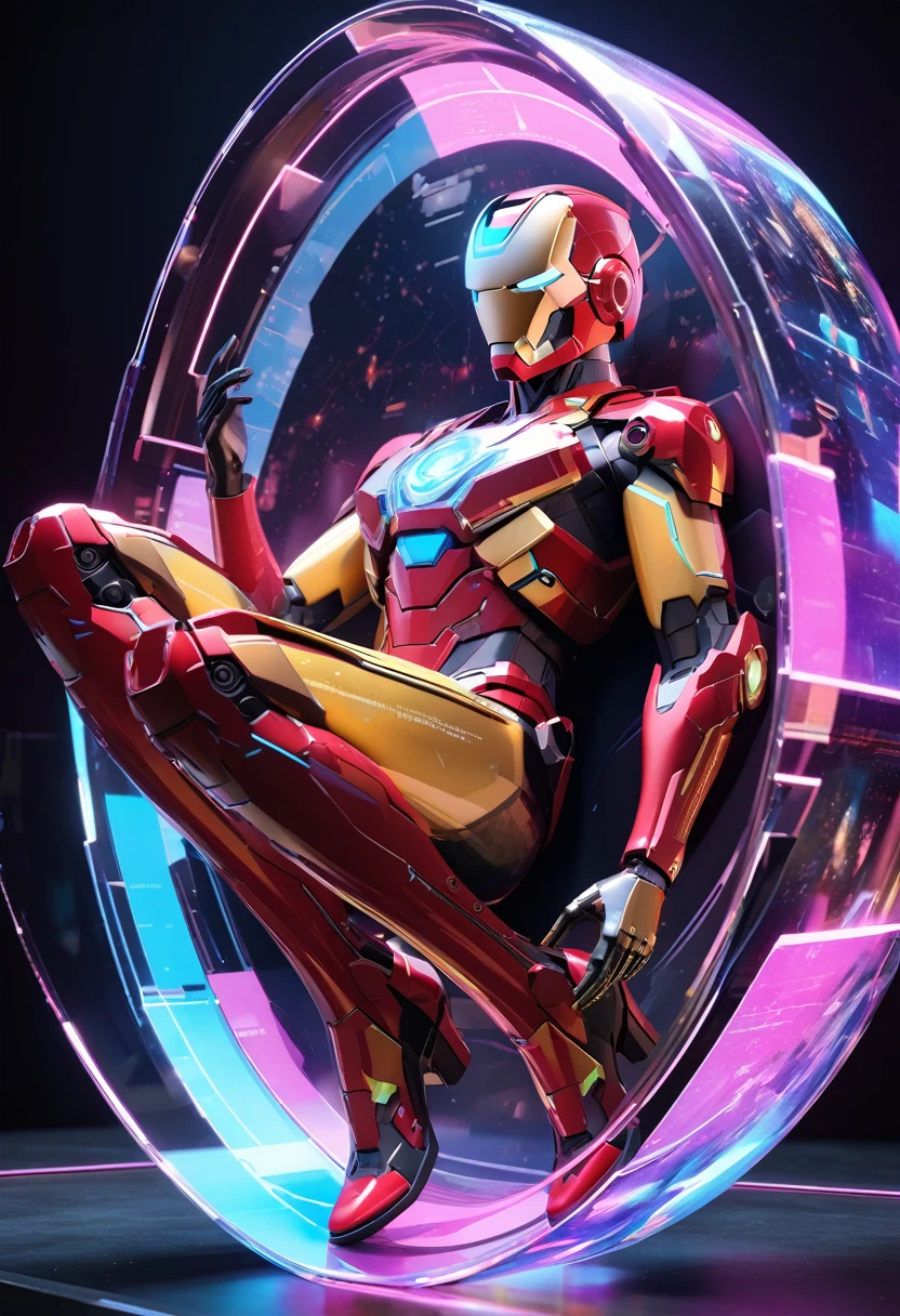 holography, Painted with neon colors:1 名 iron Man:future, transparent, 3D, Light, Science Fiction, digital art, digital, , Dark background: electronic circuit: Painted with neon colors, 3D, masterpiece, digital space, vitality, beautiful, masterpiece, 8K, Light, Light Lines. Magical Effect, 闪闪发Light的, beautiful Light Grains,rest,yinji,