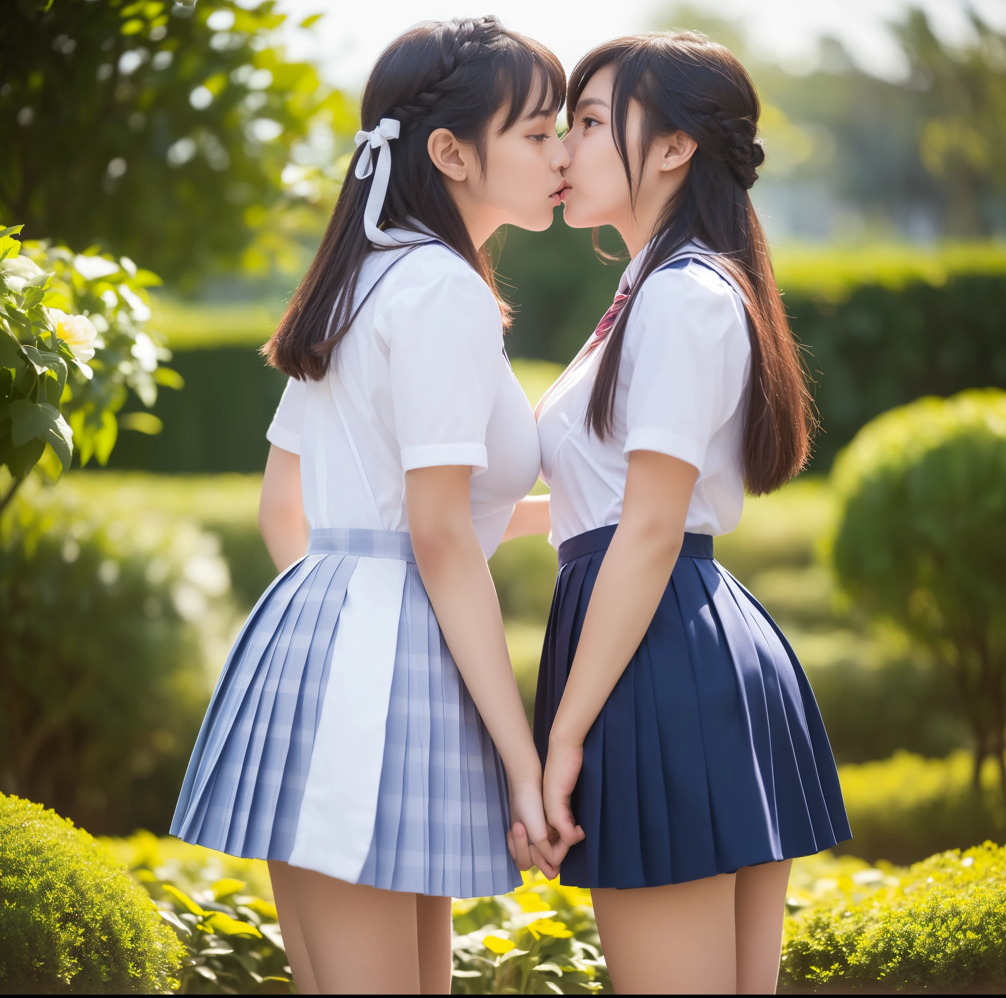 (highest quality,4k,High resolution:1.2), Super detailed, realistic portrait, highest quality
(outside a Japanese high school),
(passionate scene),Two young-looking high school girls
(intense emotions), (carp), (kiss:1.1),
, (please open your eyes),、long hair、mini pleated skirt、stockings with ribbon, Large thick framed black glasses, Are standing, open your mouth, big breasts, chest comes out, lingerie, Pigtails, small waist, abs, black, yellow, pink marching band uniform, Sexual contact, A large ribbon in the hair, good