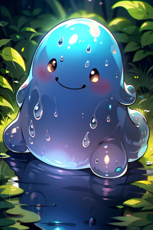 masterpiece, best quality, SFW, (safe for work), solo, wide angle shot, cute slime creature, black slime creature, solo,fresh digimon style,slime \(creature\), digital world background