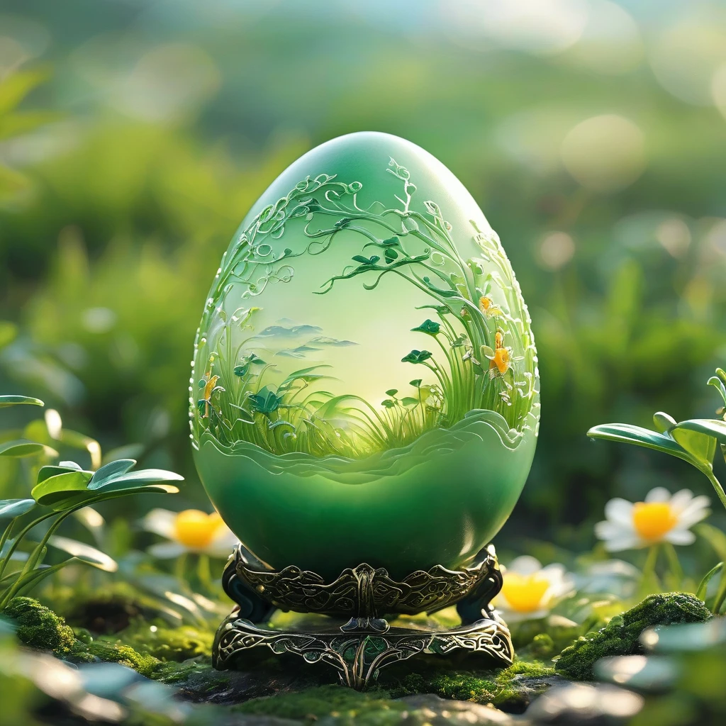 best quality, very good, 16K, ridiculous, Extremely detailed, Lovely(((Egg:1.3))),Made of translucent jade, Background grassland((A masterpiece full of fantasy elements))), ((best quality)), ((Intricate details))(8k)