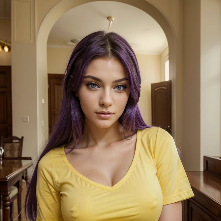 ((best quality)), ((masterpiece)), (detailed), gorgeous young model with perfect face Purple hair. A very beautiful model with warm skin and blue eyes in a Fenerbahce football club yellow blue shirt, a photo of a beautiful model posing sexy