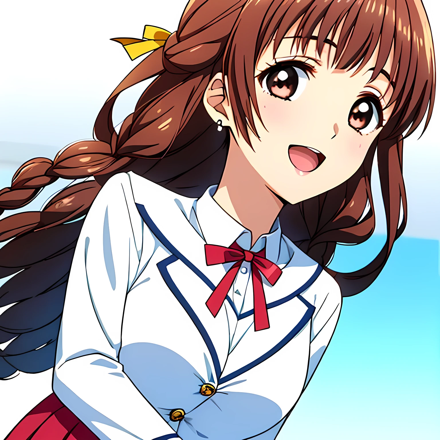 highest quality, (masterpiece:1.2), Very detailed, (((Game CG))), ((((A portrait of a very noble and elegant young lady, seen from behind, wearing a pink school sailor uniform.)))), ((The girl everyone loves)), (((Very beautiful, flaxen, wavy, long hair))), ((((((A neat and tidy sailor suit in peach and pink)))))), ((((A neat, deep pink long pleated skirt)))), ((Her eyes are so beautiful and sparkling, they seem so dazzling.)), ((A huge red ribbon on her chest)), ((A refined and elegant look like a noble princess)), (((Beautiful and great smile))), ((Give the viewer a heavenly feeling of happiness)), ((Very noble and elegant face)), ((Slender and shapely breasts)), ((laughing at me)), Heart-shaped gold hair ornament and earrings, ((The elegant, slightly open mouth and glossy lips of an anime heroine))