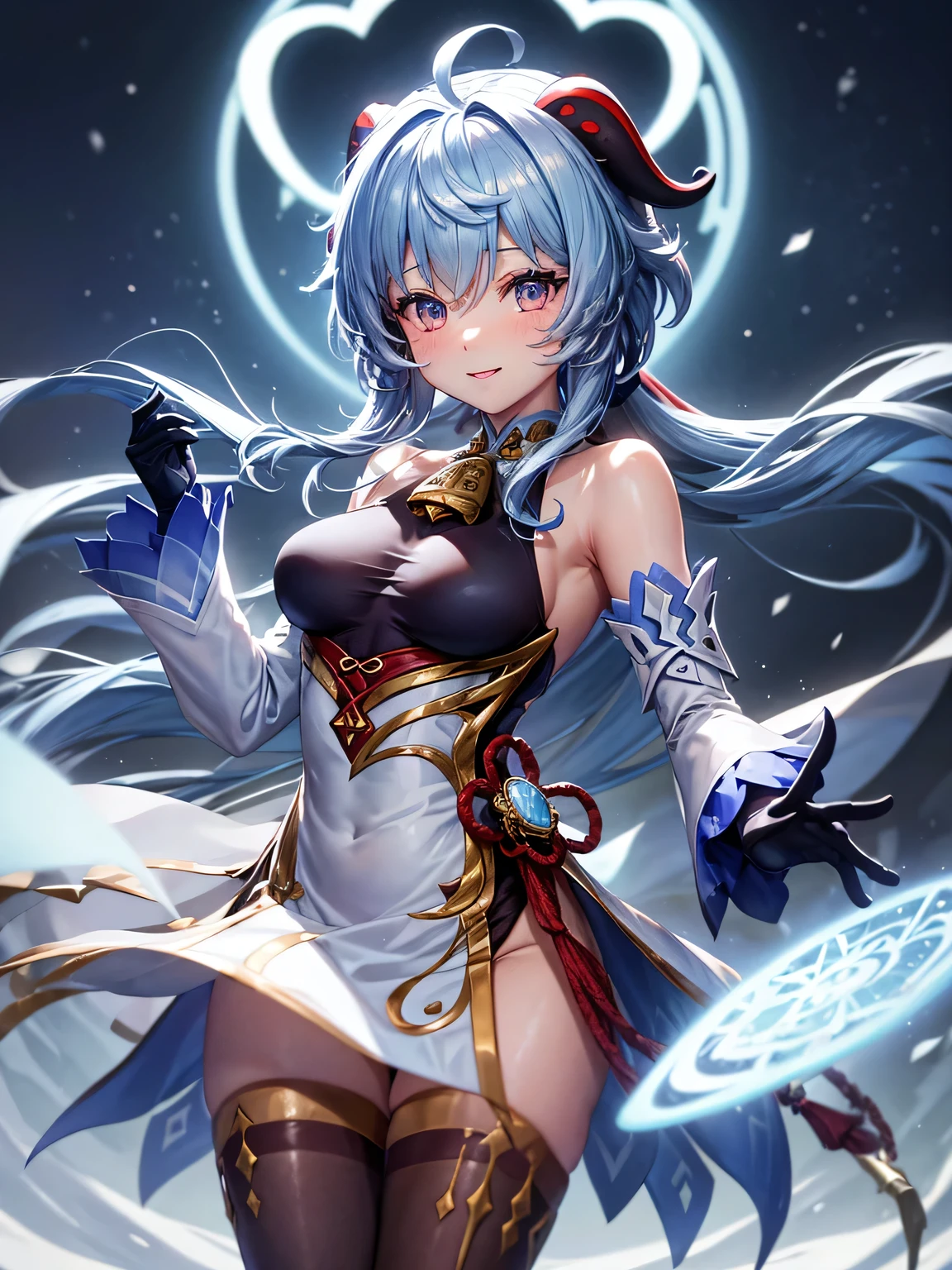 [ganyudef]:1.5,((masterpiece,highest quality,Detailed images,Beautiful images))1.4(1girl,solo)(Artwork by ganyu、smile、church、morning、Snowflakes drifting all around、Snowstorm、Blue glowing energy、Bright lighting overall、Backlight、A fantastic atmosphere、Thick Fog)1.1(Beautiful body lines、small beauty breasts、Beautiful side breasts)Dynamic pose
