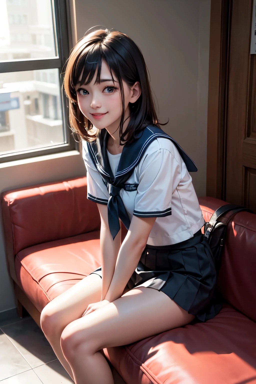 Countryside trails、Shiny skin、From the thigh up、(Award-winning photo、An incredible masterpiece:1.3) 、(Perfect figure) , Please put your feet up, Big Breasts, Japanese Girls , 15 years old, (((Please lift your skirt、Lift your skirt yourself))), Sailor suit, Long sleeve, White panties