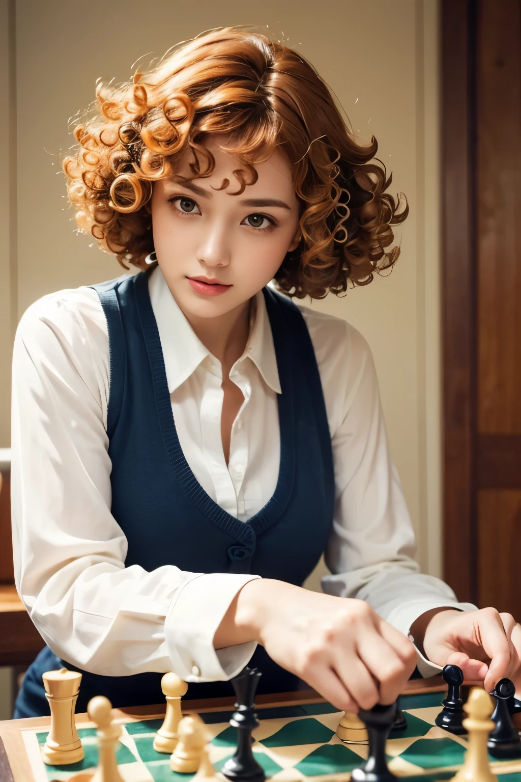 Beautiful woman with short orange hair playing chess, magazine pose, wearing a white shirt and brown vest, (Perm Hair Curly: 1.5),