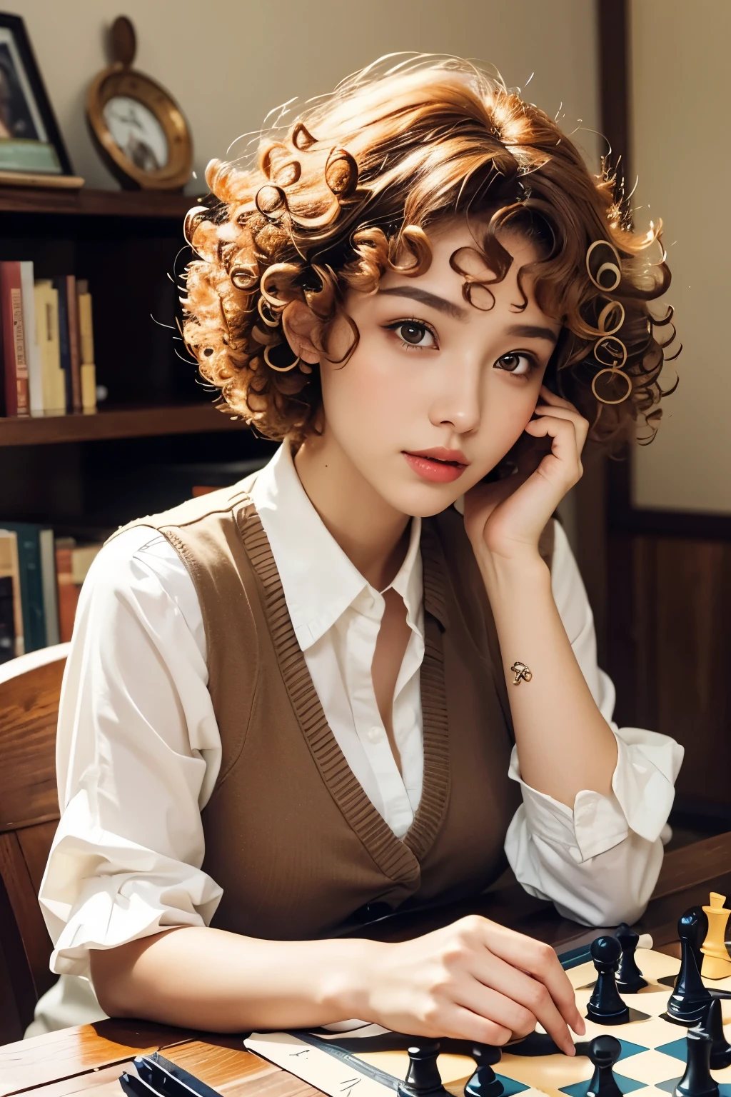 Beautiful woman with short orange hair playing chess, magazine pose, wearing a white shirt and brown vest, (Perm Hair Curly: 1.5),