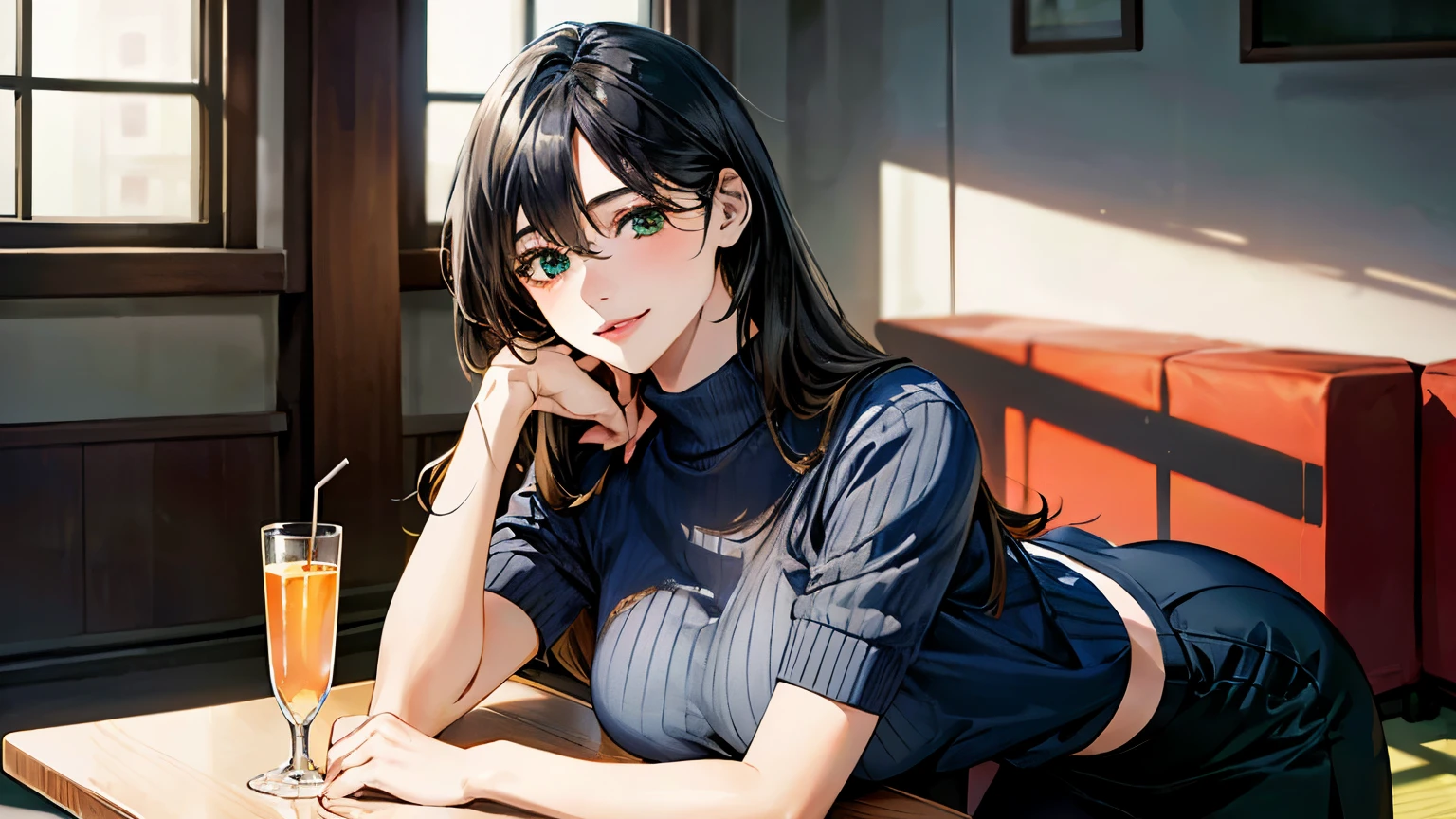 (masterpiece:1.3, highest quality, Ultra-high resolution, Super detailed), (Realistic, photoRealistic:1.4), Beautiful illustrations, Perfect lighting, Natural light, colorful, Depth of written boundary,
View Viewer, whole body, Front view:0.6, 1 girl, Japanese, office lady, 19 years old, Perfect Face, (Perfect Anatomy), Cute and symmetrical face, Baby Face, Shiny skin, ,
(Long Hair:1.7, Straight hair:1.2, Black Hair), Hair between the eyes, Emerald green eyes, Long Eyelashes, (Big Breasts:0.8),
Beautiful Hair, Beautiful Face, Beautiful fine details, Beautiful clavicle, Beautiful body, Beautiful breasts, Beautiful thighs, Beautiful feet, Beautiful fingers,
((Short sleeve navy high neck sweater, Grey stretch tapered pants), ID card),
(Beautiful views), Daytime, (Office Lounge), Have a drink, (Smile, Half an eye, Lips parted),Reading a book,whole body,mini skirt,one person