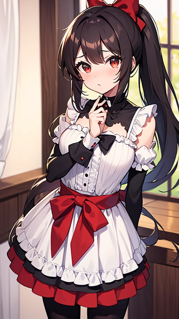 adulto, Cabello negro ondulado, mirada penetrante con ojos profundos de color rojo, estatura promedio, Silky hair with a ponytail hairstyle collected with a red bow with two white lines, tiene pechos grandes, primer plano, session, standing in the middle of his room [[[[Maid]]] , Sonrojada, muslos grandes, maid