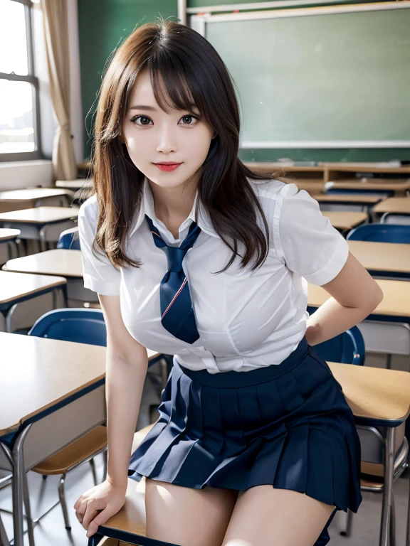Tabletop, highest quality, Japanese girl,One Girl, 8k, RAW Photos, highest quality, Tabletop, んdebtdebt:1.2, Highly detailed RAW color photos, Professional Photos, (Realistic, Realistic:1.37), (Highly detailed skins:1.2), Ultra-high resolution, (Lenz 50mm), (debt/1.2),Exquisitely drawn eyes,Staring at the audience, Break with one girl (Many elderly people:1.4), Beautiful Face, cute,(smile:1.05),(20-year-old, Big Breasts, Wide Hips,Straight hair, (short hair), Iris, white and fine skin,Small Mouth, high cheekbones (meaning), Sexy pose,(Leaning forward:1.3),(The to the debtW:1.1),White panties、Korean Idol、Nogizaka Idol、Gravure idol pose、adult、、(Tabletop, highest quality:1.3), (Ultra detailed 8k cg:1.2), (超Realisticな:1.35), (Realistic:1.45), (Realistic:1.4), Cowboy Shot, A beautiful Japanese woman, 22 years old, Supermodel, Japanese Idols, __Performance__, Big Breasts, (sitting on desk:1.1), (school uniform:1.4), (Spread your legs:1.2), (School classroom background:1.1),(Her white panties are visible through her skirt),(I can see the valley:1.3)