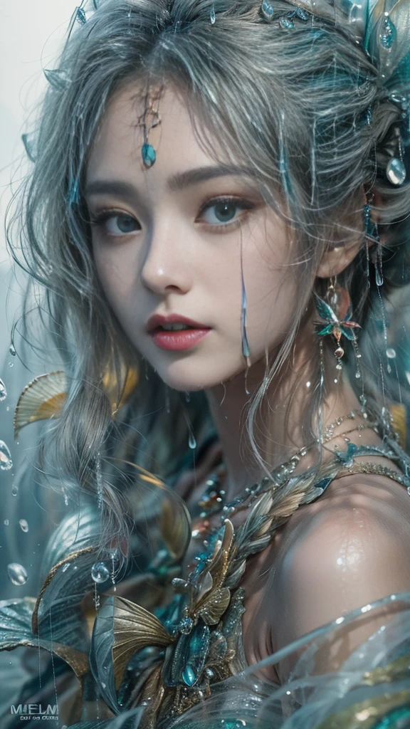 (RAW shooting, Majestic:1.3, 32k:1.5, highest quality, masterpiece, Ultra-high resolution), Perfect dynamic composition:1.3, (heavy snow, Ocean:0.7, Majestic背景:0.7, Mystical Expressions:1.0, Expressions of sadness:0.9), 非常にdetailedな肌と顔の質感:1.3, (Slim Mermaid:1.3), Random Shot, Fair skin:1.2, Incredibly slim body:1.2, Fractal Art:1.1, Very beautiful face:1.1, Water droplets on the skin, detailed, (Rain drips down on my body:1.1, Wet body:1.1, Wet Hair:1.1), (Posing Pro:0.8, With a wet bouquet:0.9, Colorful gorgeous mermaid dress portrait:1.0, Woven Belt), Shapely breasts, (Big eyes that exude beautiful eroticism:0.5, Lips that exude beautiful eroticism:0.5), I love you, Very sweet atmosphere, necklace, Earrings, bracelet