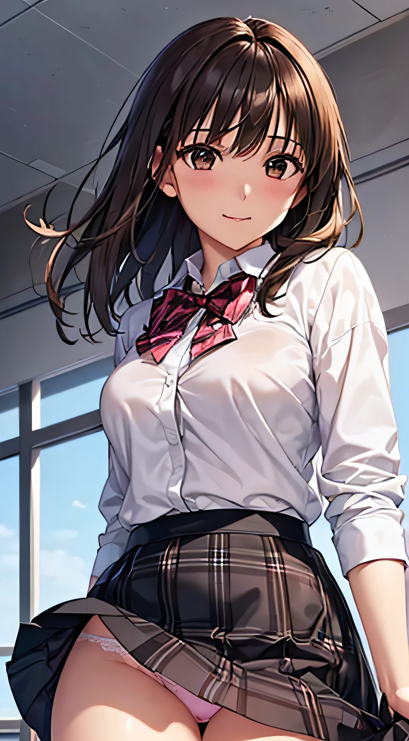 ((Tabletop, highest quality, High resolution, Hmph, Pixel Perfect, 4K, Hmph, Hmph))), One Girl, single, alone, beauty、The whole body is visible、 ((Mid-wave hair, bangs, Brown Hair)), ((Brown eyes, Beautiful eyelashes, Realistic eyes)), ((Detailed face, Blushing:1.2)), ((Smooth texture:0.75, Realistic texture:0.65, Realistic:1.1, Anime CG Style)), Mid-chest, Dynamic Angle, Perfect body, ((Red bow tie, , , White shirt, Black plaid skirt)), classroom、、Very embarrassing panic smile, 、、(The wind flipped up her skirt, Exposing your buttocks....................、Flip up your skirt with both hands、Her white and pink floral lace panties are completely visible)、Angle from below