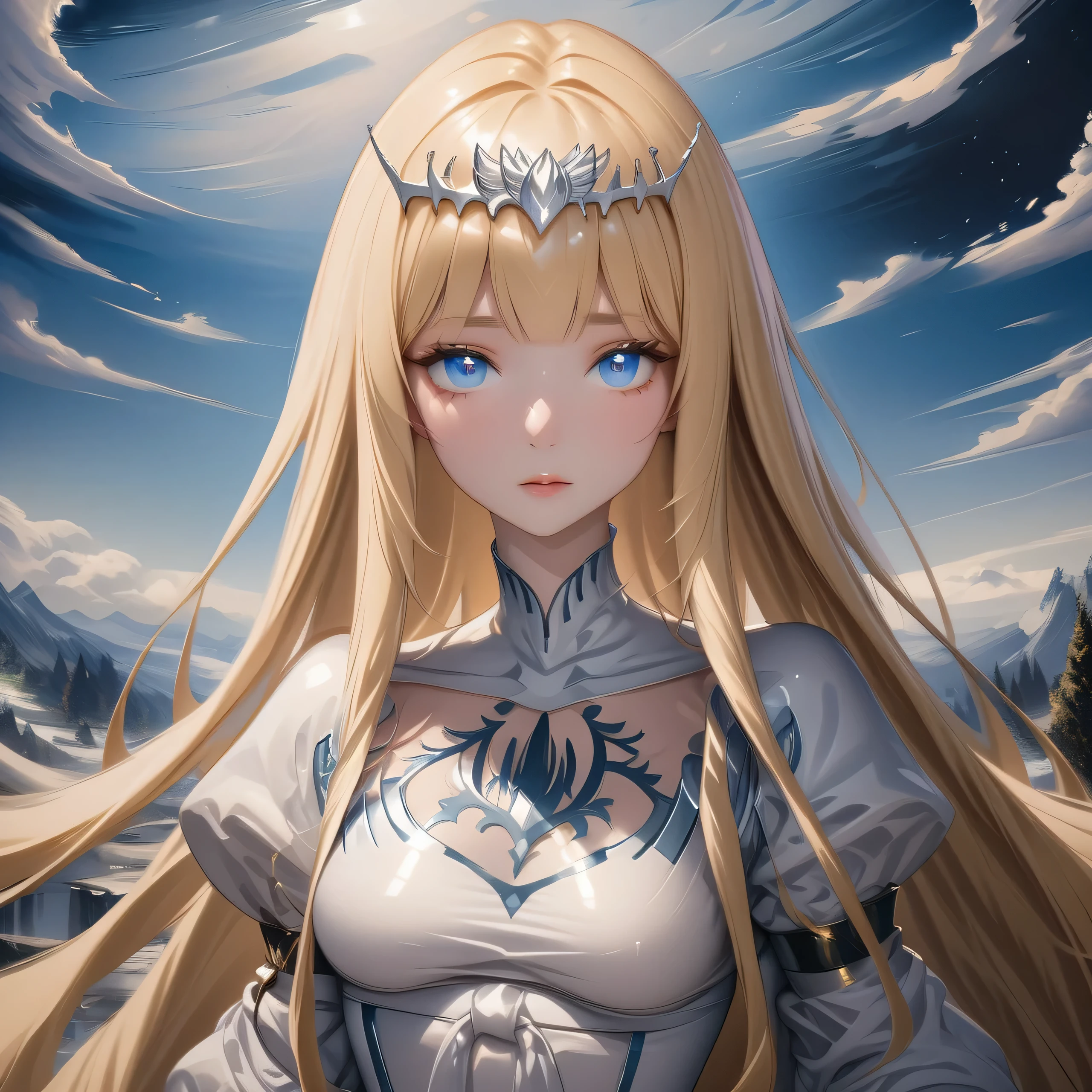 ,hyper detailed render style,glow,yellow,blue,brush,surreal oil painting,shiny eyes,head closeup, exaggerated perspective,tyndall effect,, holographic white, beautiful background, 1girl, solo, Calca, Calca Bessarez, blonde hair, extremely long hair, very long hair, white tiara, silver tiara, white dress, blue eyes, medium chest, very short neck, extremely short neck, beautiful scenery, day time, heaven background