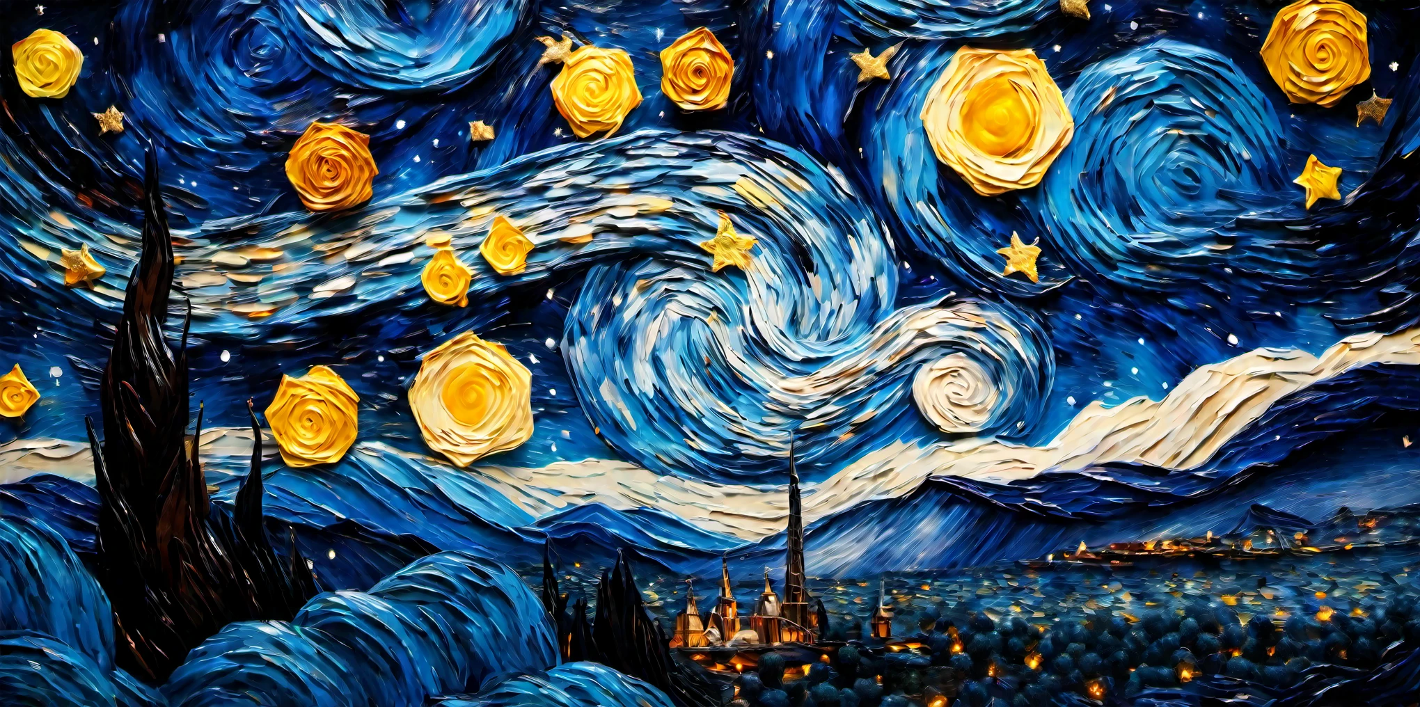 The Starry Night by Van Gogh as a realistic painting, capturing all details from the amazing work of art as well as the design,