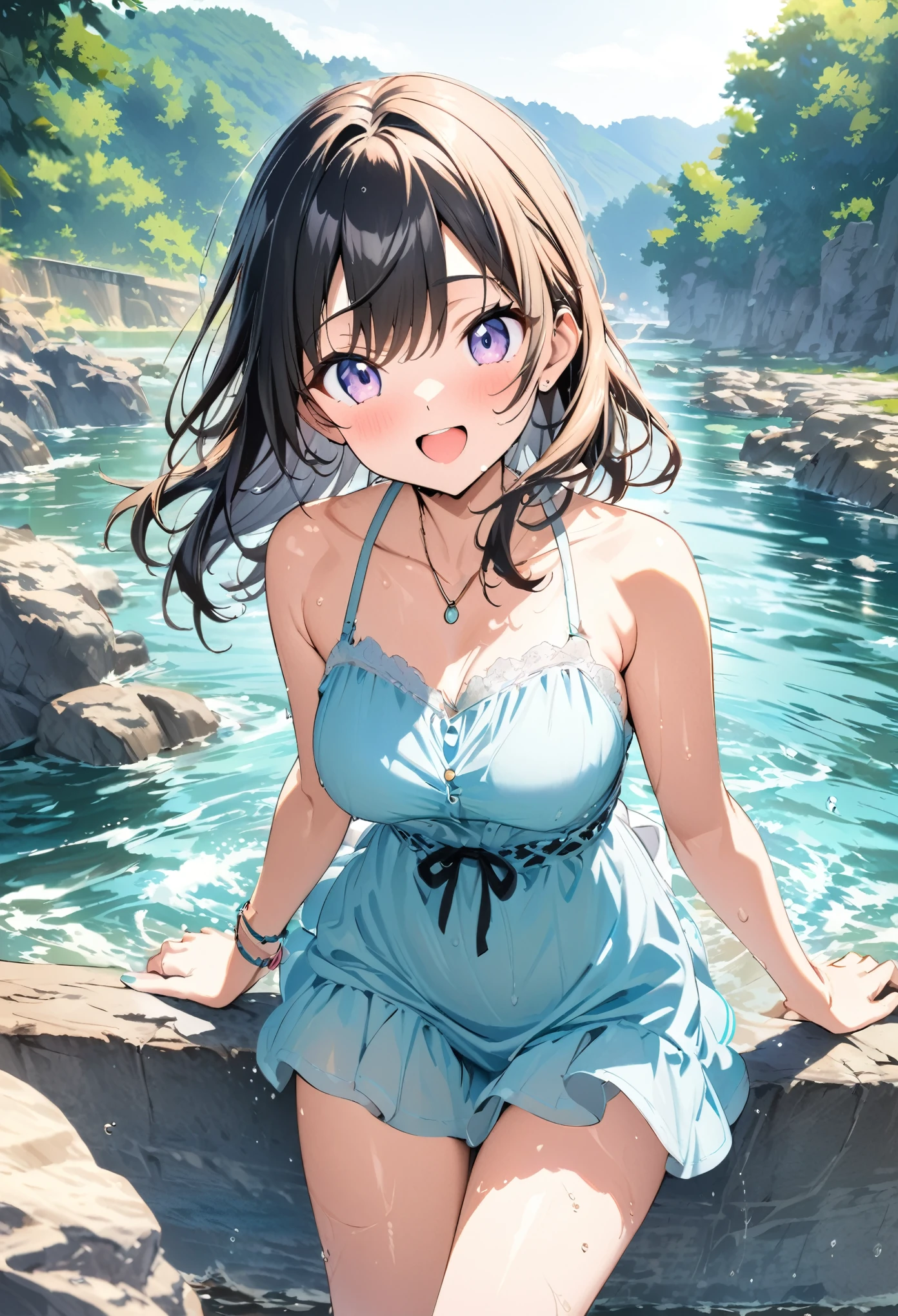 masterpiece, highest quality, 1 girl, (whole body), Miku, (brown hair), shy,blue eyes, blush,Some wore 紺色water着s, 1 girl, water着, alone, water着(紺色のwater着:1.3), covered navel, black hair, looking at the viewer, water, chest, barefoot, seaside, (ponytail)，clothes shiny, 競技water着, Day,  big breasts, bangs, shiny, (Wet)，shine of light，