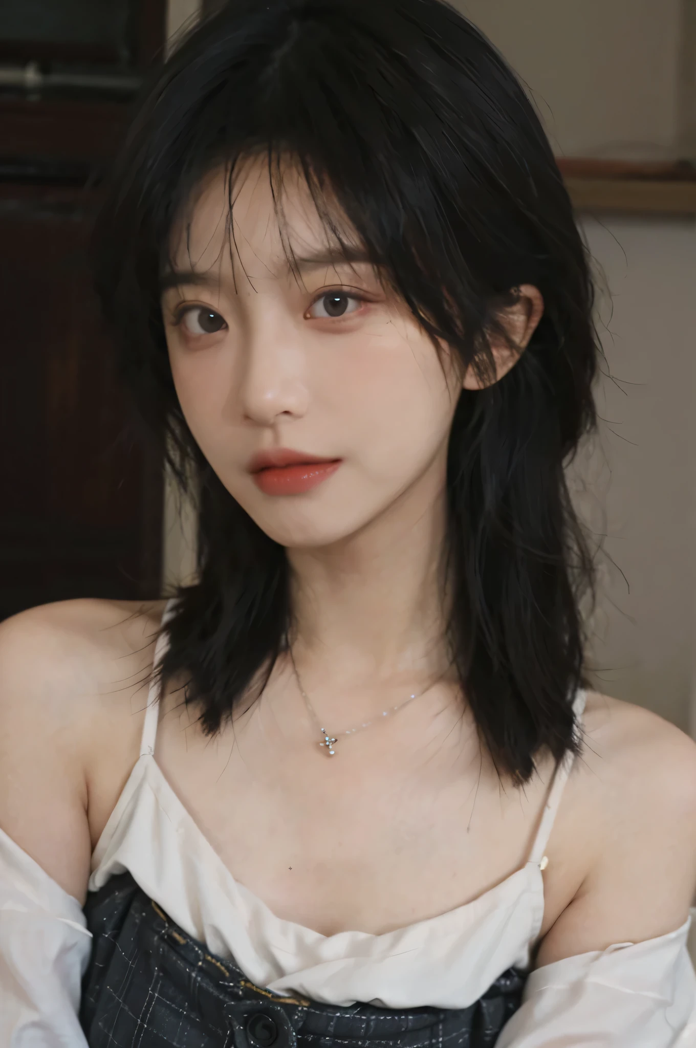Film Portrait Photography, masterpiece,(Reality:1.6),(Selfie Angle),Beautiful and delicate face,1 girl, Bare shoulders,lipstick, Wear a necklace,Cute expression,Exquisite makeup,Suspenders,serene, calm, (Realistic and detailed eyes, Natural skin texture, Realistic facial details), Soft dramatic lighting, Depth of Field, Bokeh, Vivid details, Detailed and detailed, Hyper-Reality, 35 mm film, hazy, best quality,Upper Body,close up