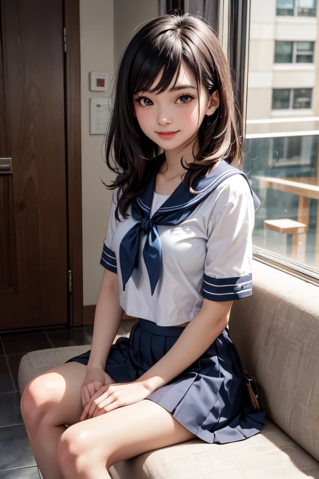 very cute and beautiful girl,(highly detailed beautiful face), (smile:1.2),blush,looking at viewer,serafuku,short sleeve,pleated navy blue mini skirt, black hair,sitting on sofa near elevator hall of small hostel,bag on floor, (best quality,masterpiece),absurdres,highres,ultra-detailed,extremely detailed,32k,8k resolution, intricate details,cinematic scene,detailed background,solo,dynamic angle,