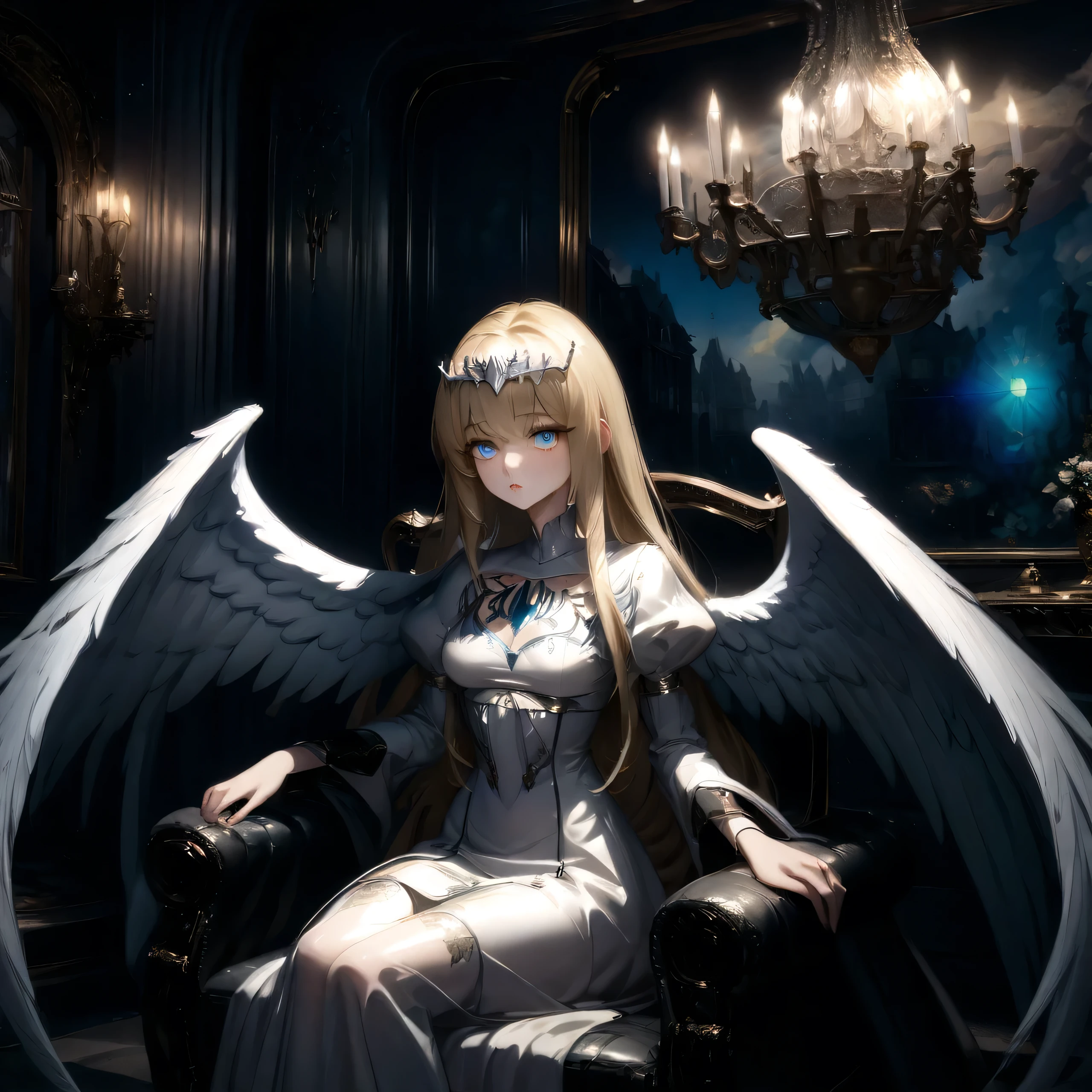 ,hyper-detailed render style, glow,yellow, blue,brush, surreal oil painting, shiny eyes, head closeup, exaggerated perspective, Tyndall effect,, holographic white, beautiful background, 1angel, solo, Calca, Calca Bessarez, blonde hair, extremely long hair, very long hair, white tiara, silver tiara, white dress, blue eyes, medium chest, very short neck, extremely short neck, (feature big wings:1.5), large white wings, indoor, sitting on the throne, victorian gothic style room, luxurious room