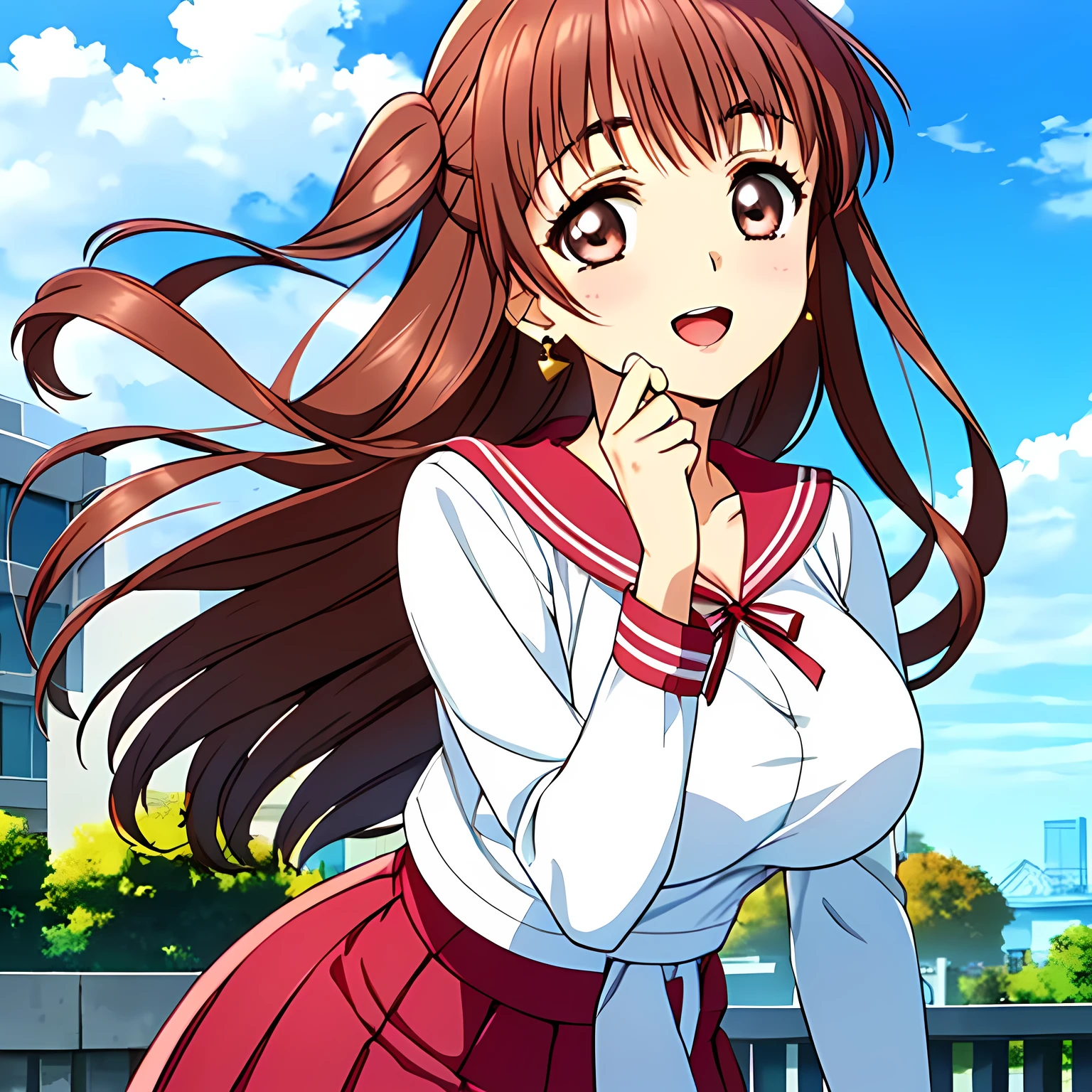 highest quality, (masterpiece:1.2), Very detailed, (((Game CG))), ((((A portrait of a very noble and elegant young lady, wearing a pink school sailor uniform, drawn from behind.)))), ((The girl everyone loves)), (((Very beautiful, flaxen, wavy, long hair))), ((((((A neat and tidy sailor suit in peach and pink)))))), ((((A neat, deep pink long pleated skirt)))), ((Her eyes are so beautiful and sparkling, they seem so dazzling.)), ((A huge red ribbon on her chest)), ((A refined and elegant look like a noble princess)), (((Beautiful and great smile))), ((Give the viewer a heavenly feeling of happiness)), ((Very noble and elegant face)), ((Slender and shapely breasts)), ((laughing at me)), Heart-shaped gold hair ornament and earrings, ((The elegant, slightly open mouth and glossy lips of an anime heroine))