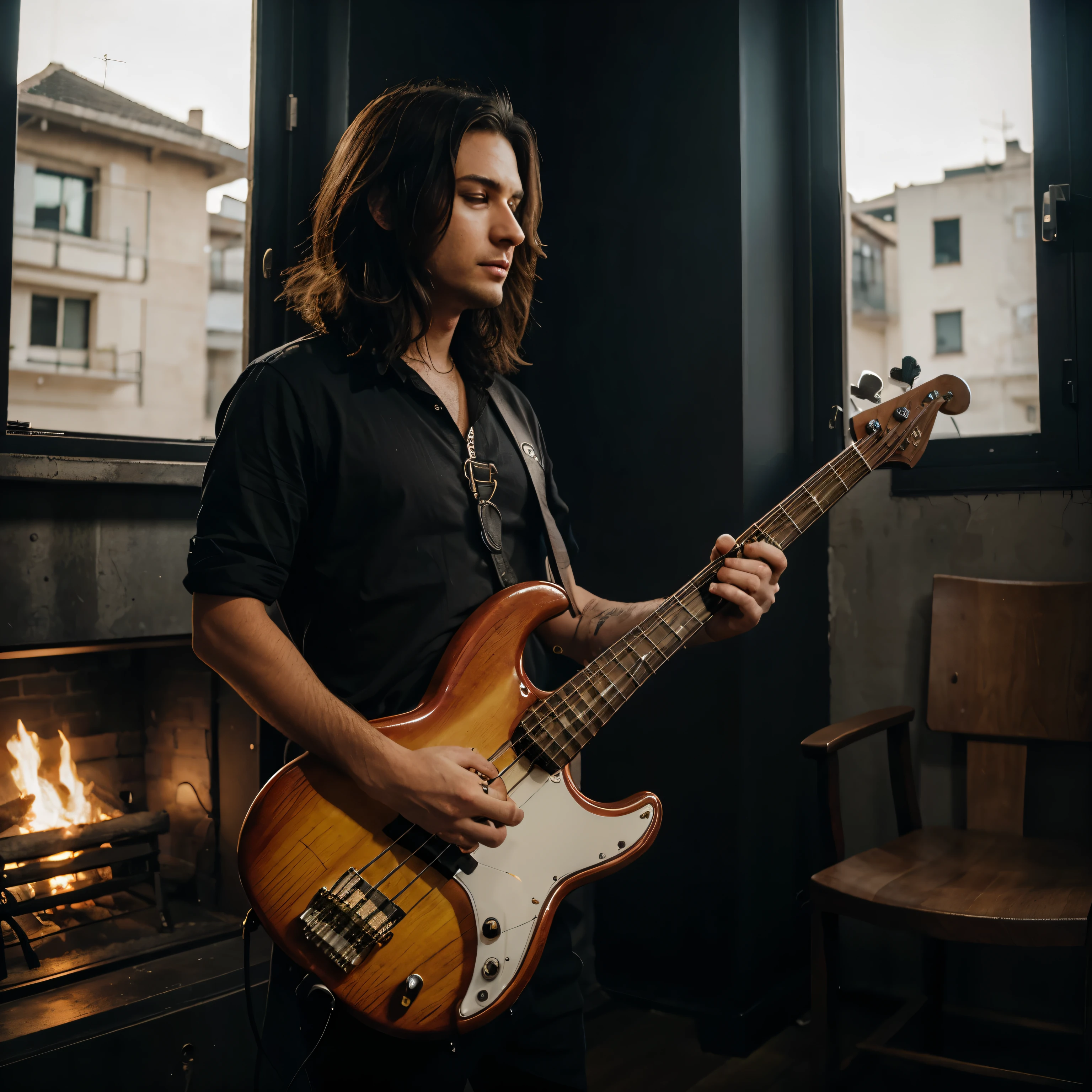 A bass player with that havy metal bass in a burning place