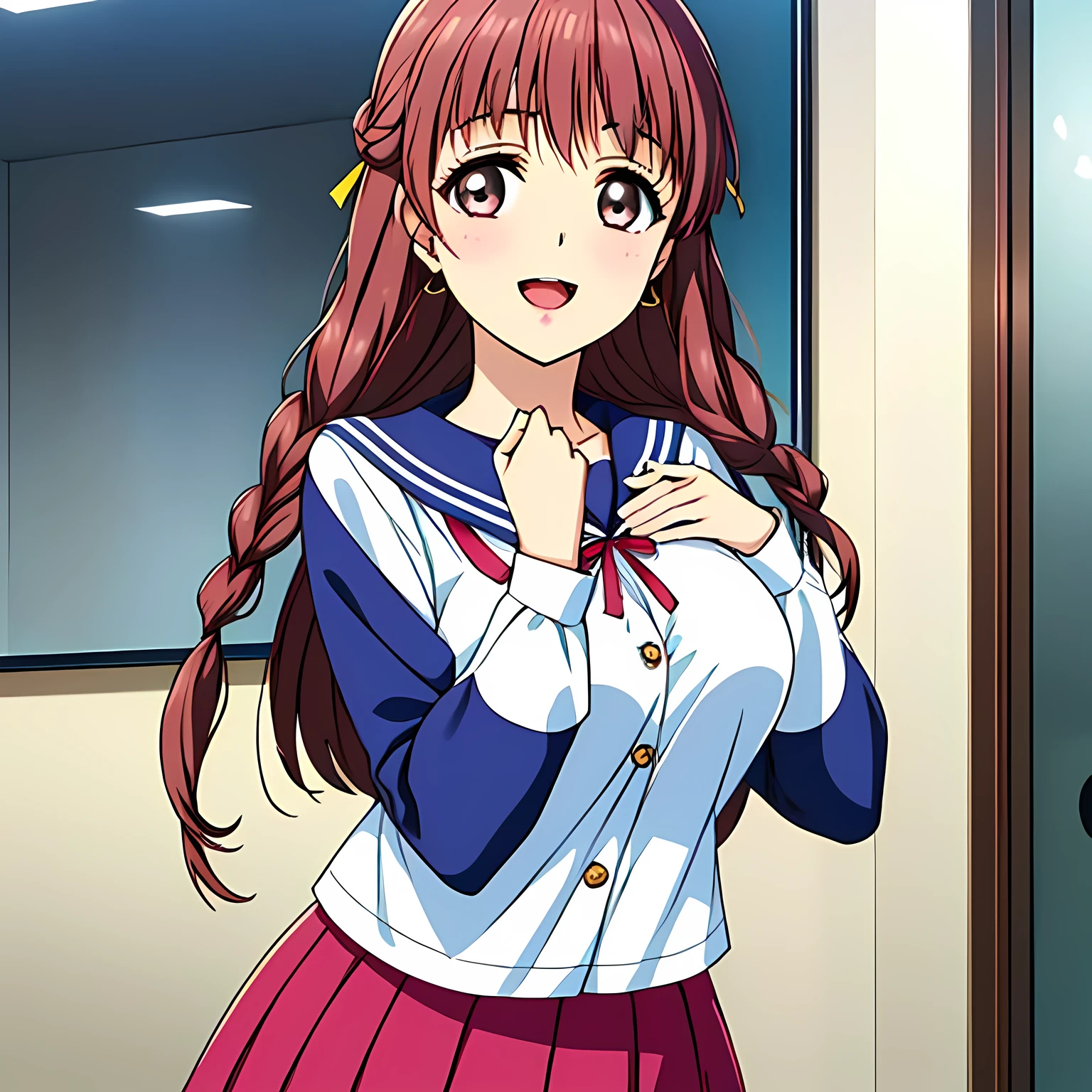 highest quality, (masterpiece:1.2), Very detailed, (((Game CG))), ((((A portrait of a very noble and elegant young lady, wearing a pink school sailor uniform, drawn from behind.)))), ((The girl everyone loves)), (((Very beautiful, flaxen, wavy, long hair))), ((((((A neat and tidy sailor suit in peach and pink)))))), ((((A neat, deep pink long pleated skirt)))), ((Her eyes are so beautiful and sparkling, they seem so dazzling.)), ((A huge red ribbon on her chest)), ((A refined and elegant look like a noble princess)), (((Beautiful and great smile))), ((Give the viewer a heavenly feeling of happiness)), ((Very noble and elegant face)), ((Slender and shapely breasts)), ((laughing at me)), Heart-shaped gold hair ornament and earrings, ((The elegant, slightly open mouth and glossy lips of an anime heroine))