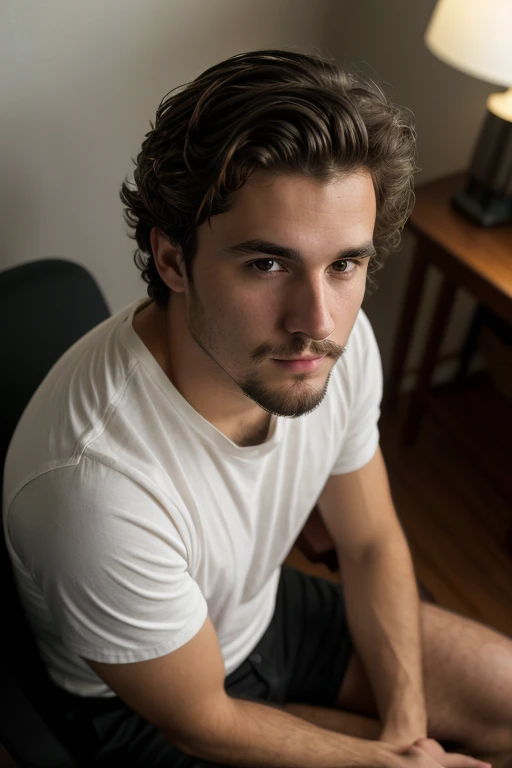((1 guy)) white guy wearing a black shirt, manly (sitting on a chair with his body forward and looking at the camera), very detailed, 18 years old, hair with natural waves, brown eyes, ((facial hair short)), high resolution, Artwork, best quality, intricate details, highly detailed, sharp focus, detailed skin, realistic skin texture, texture, detailed eyes, Professional, 4k, shot on Canon, 85mm,Shallow depth of field, kodak vision color, perfect shaped body, extremely detailed, photo_\(ultra\), photorealistic, realistic, post-processing, maximum detail, roughness, Real life, ultra realistic, photorealism, photography, 8k hd, photography (grain of film) ((medium shot atmospheric dark lighting))