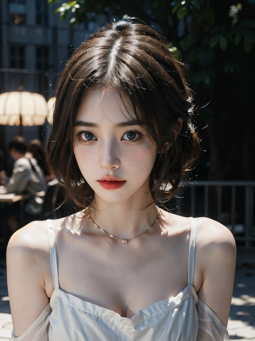 1girl, (looking at viewer:1.2), detail face, (a girl standing, rending on cgsociety, black shadows, streaming, new york backdrop), romanticism, atmospheric, (RAW photo, best quality), (realistic, photo-realistic:1.3), masterpiece, an extremely delicate and beautiful, extremely detailed, D cup，Cleavage，Translucent white tube top1.5，