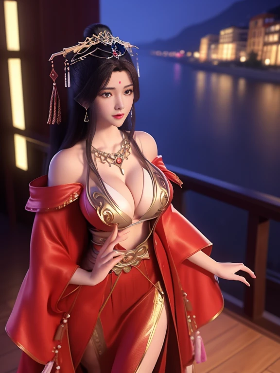 1 Girl,WMS September Zen HFgf3,city View,night,looking at the audience,Red long skirt,Hair accessories,Cowboy shooting,Hair Bun,pearl,tassel Hair accessories,necklace,coat,((((Large Breasts、Low-cut,Cleavage, Wide hips,)))(Long legs) (Wide hips))