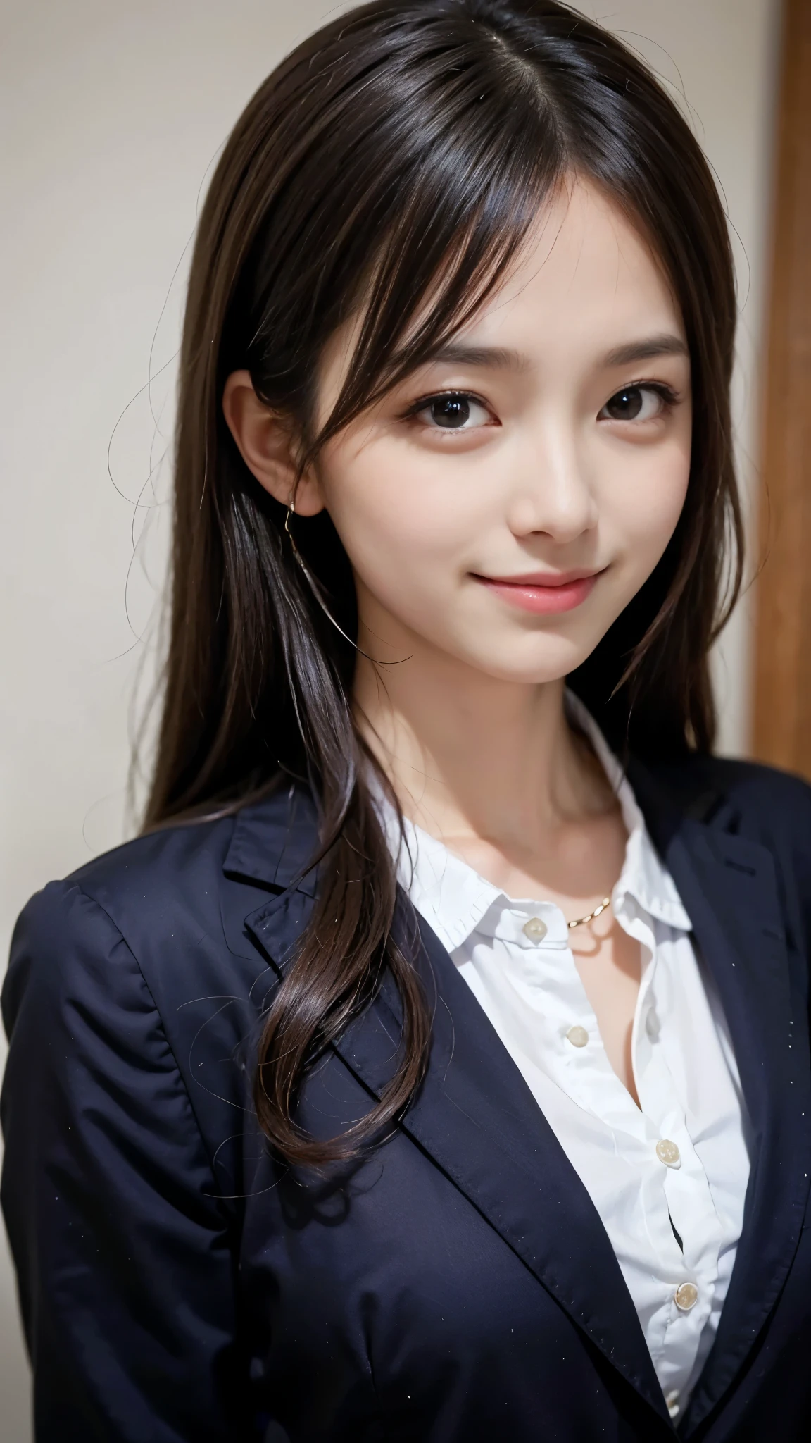 ((highest quality、Masterpiece、High resolution))、(((Zoom photo of upper body)))、(A shy smile:1.2)、One 15-year-old female、Beautiful Skin、Beautiful Eyes、Large Breasts、Black blazer、shirt、Black Hair、Trimmed bangs、Semi-long hair