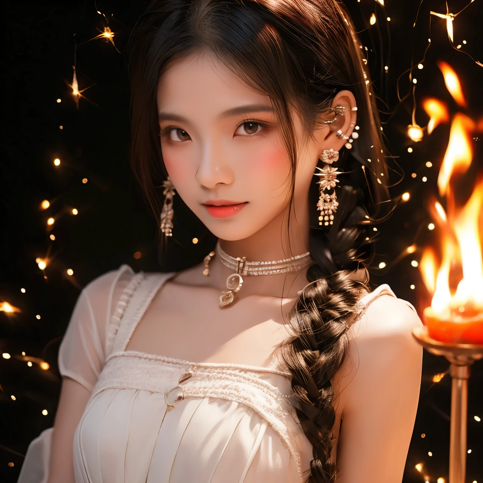 (elegant, Beautiful Face), Kitten-like dress,  White long hair, god々Cool atmosphere,((Detailed skin, Skin Texture)), A spear with a flame at its tip.,自由の女godが被っているような冠,Between thick paint and anime drawings,