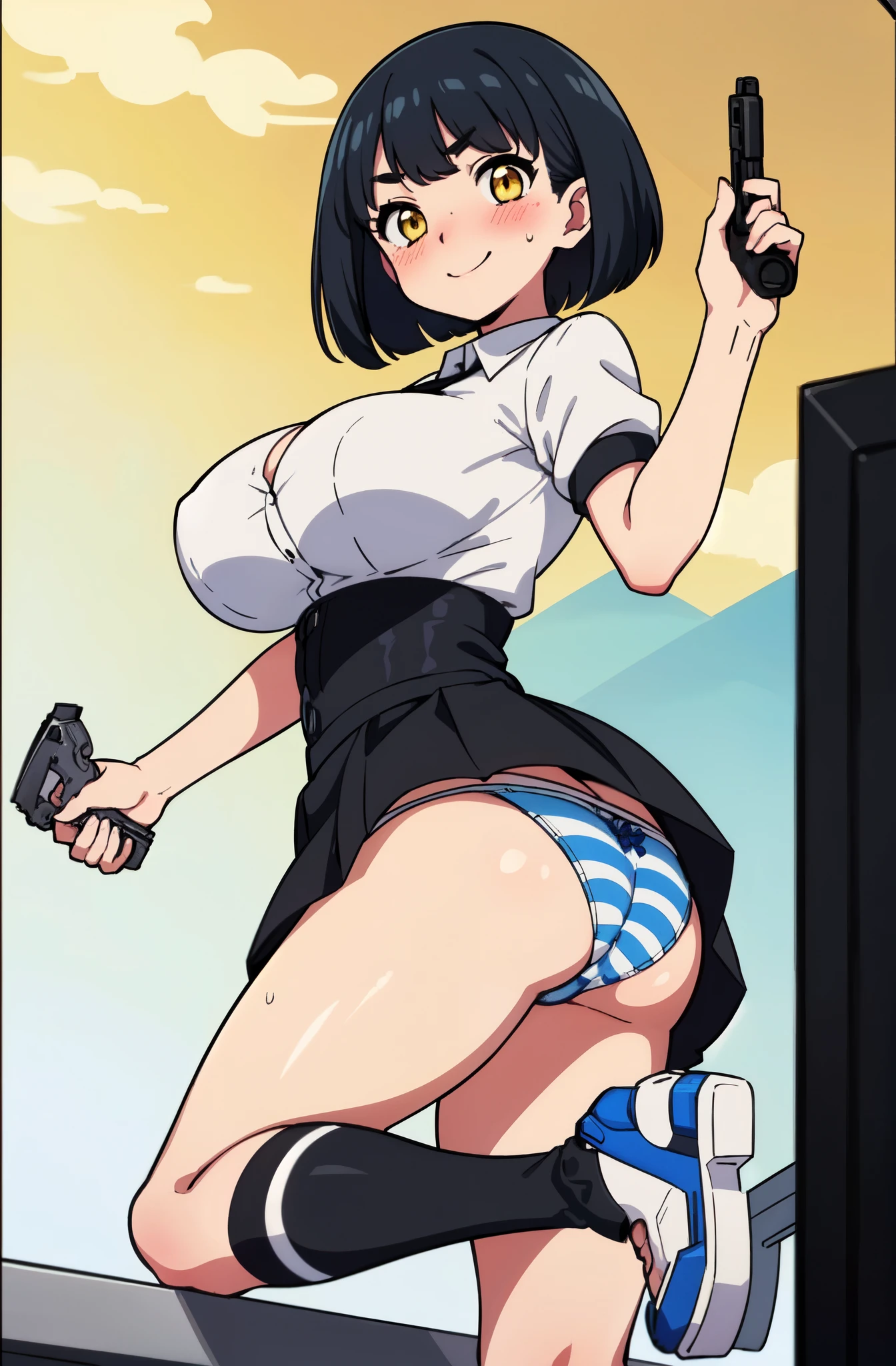 ((Table t○p, highest quality, Hi-Res Lucifer,Anime Screen Capture、Pixel perfect, 8k)))、nsfw、Perfect Anatomy、(((Huge breasts、Wide Hips、Wide ass)))、(((Bobcut、Blunt Bangs)))、(((Jumping、Skirt flipped up by the wind、White Shirt、Black Mini Skirt、Blue striped panties、Skirt flipped up by the wind、Cyber Suit、Has a handgun)))、Sweat, vapor,(Yellow Eyes)、((Black Hair)), V-shaped eyebrows、 ((((smile、blush))))、(In town)