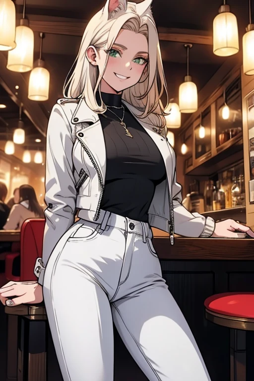 A white haired woman with green eyes and white wolf ears and a white wolf tail in a leather jacket and jeans is smiling at a fancy restaurant