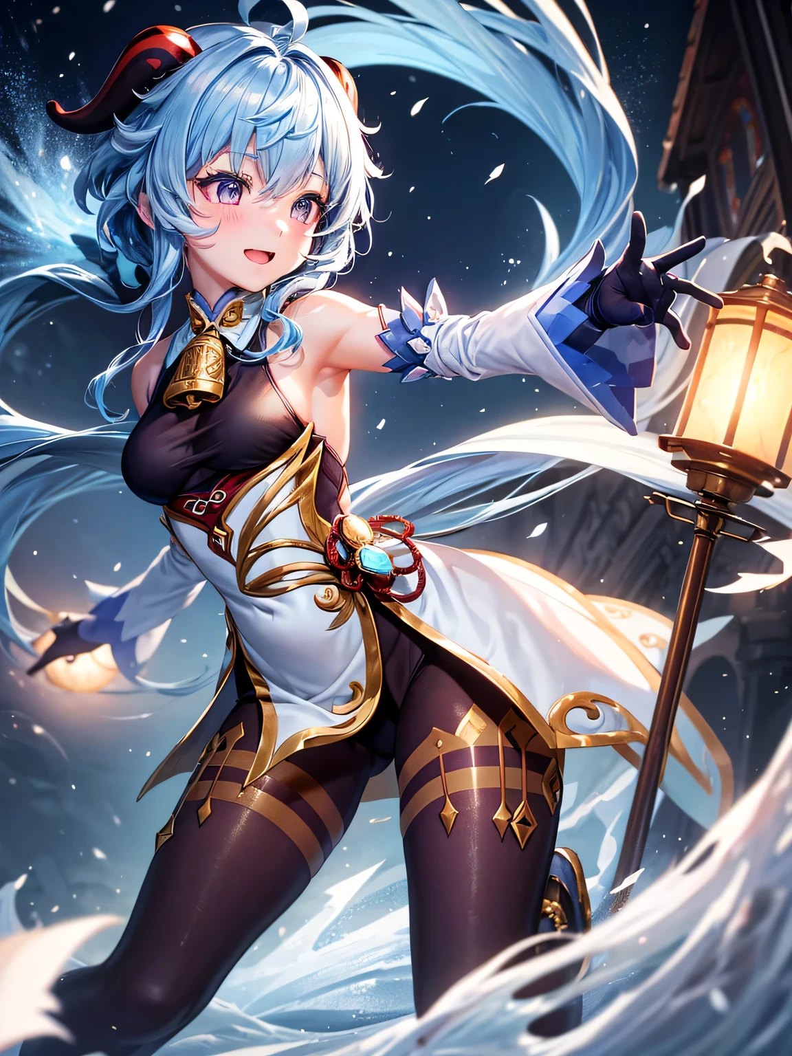 [ganyudef]:1.5,((masterpiece,highest quality,Detailed images,Beautiful images))1.4(1girl,solo)(Artwork by ganyu、smile、church、morning、Snowflakes drifting all around、Snowstorm、Blue glowing energy、Bright lighting overall、Backlight、A fantastic atmosphere、Thick Fog)1.1(Beautiful body lines、small beauty breasts、Beautiful side breasts)Dynamic pose
