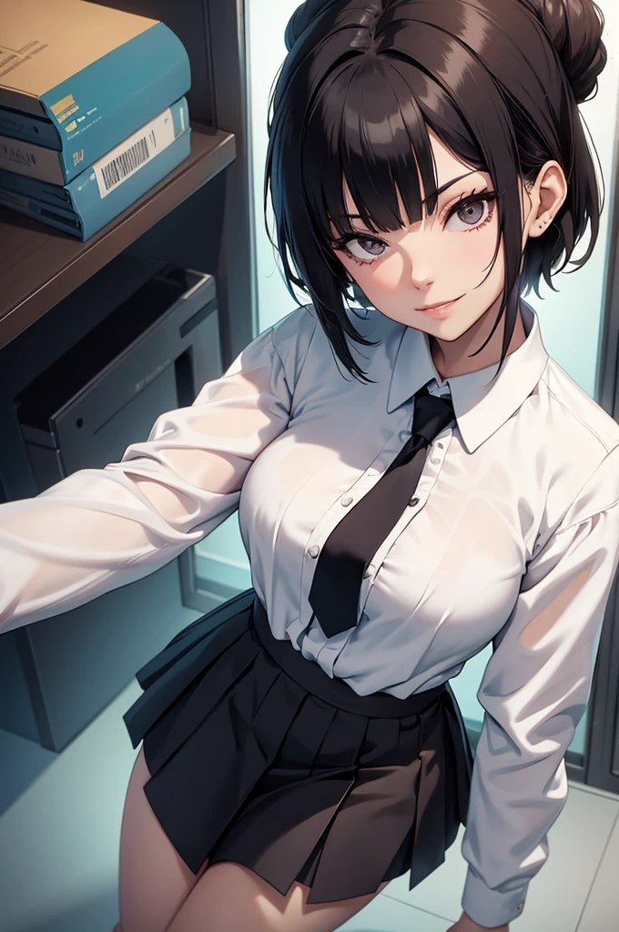 juri han, work of art, tight white secretary shirt with black tie, black high waist skirt, short skirt, short hair, black hair, black tights,evil smile,office,cadeira
